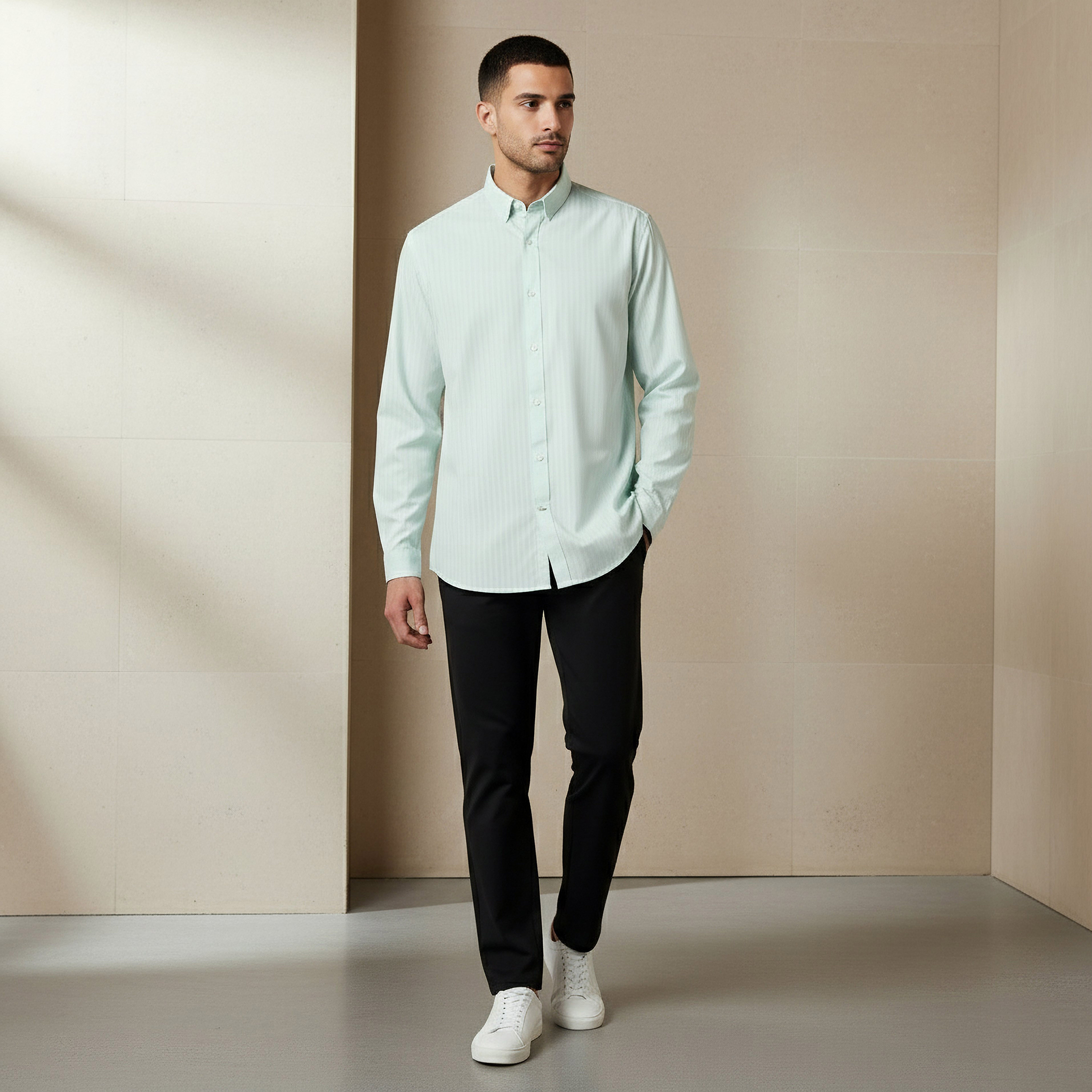 Regular Fit Striped Collared Dobby Shirt with Long Sleeves-men-clothing-shirts-image-5