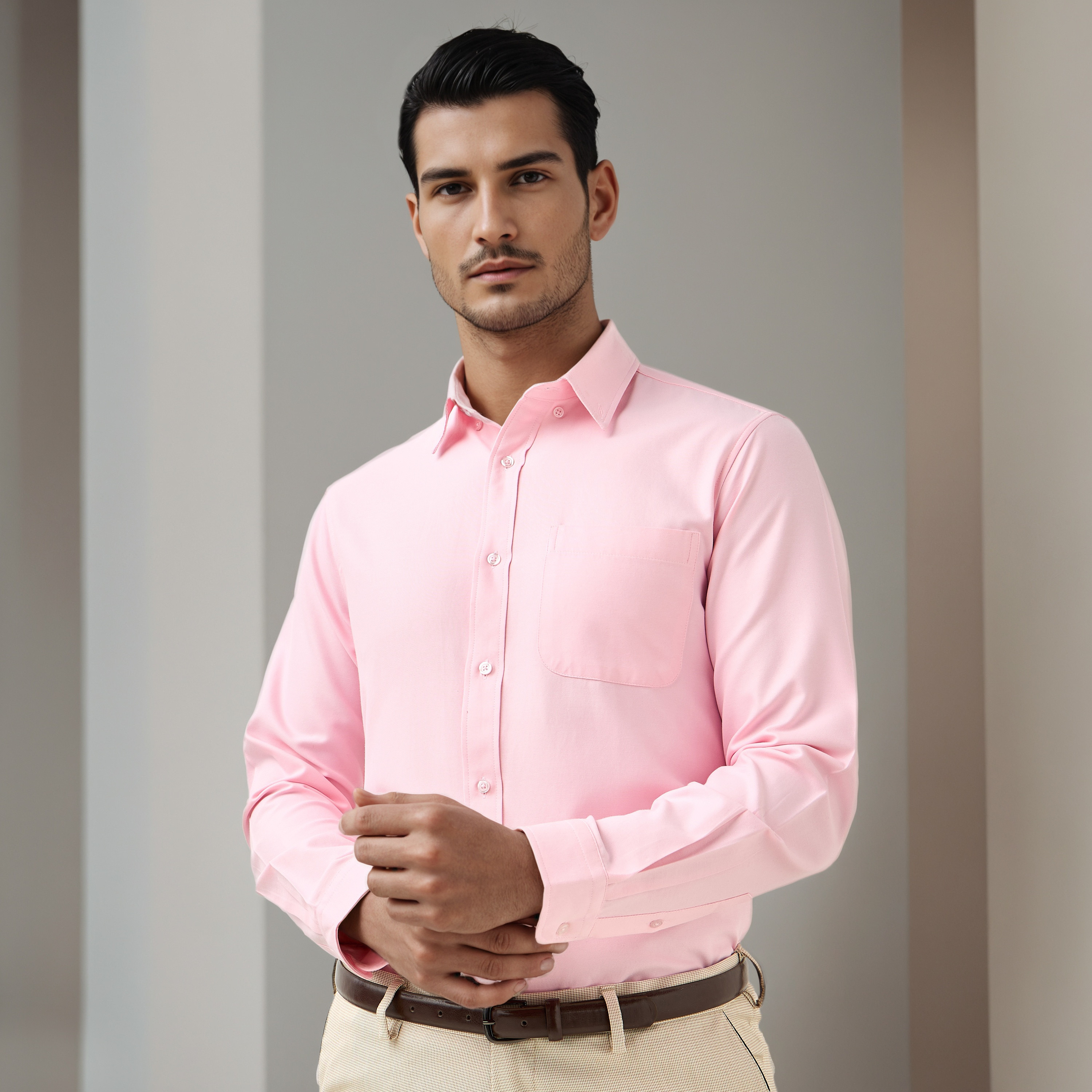 Men Regular Fit Button-Down Collar Long Sleeves Oxford Shirt with Pocket-men-clothing-shirts-image-1