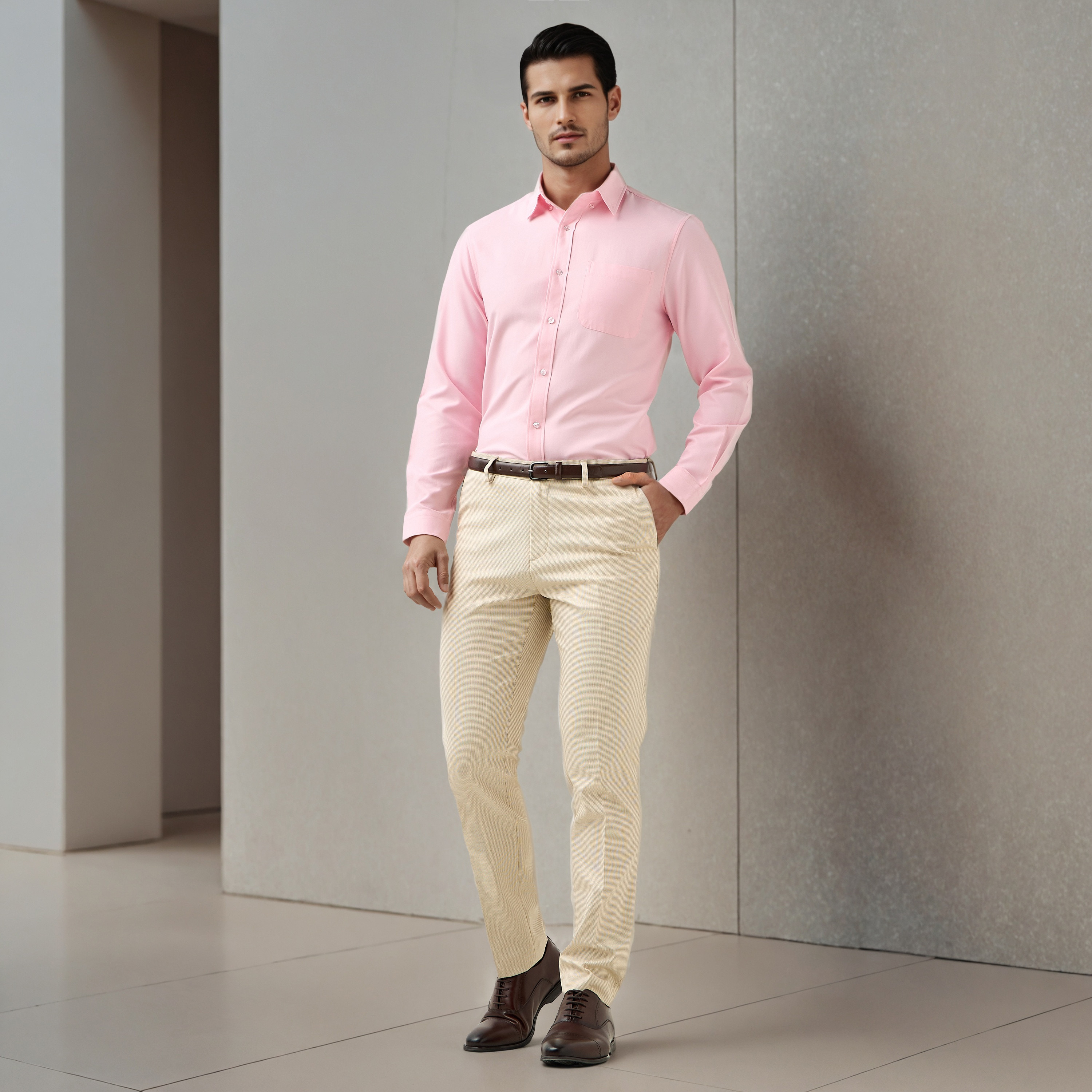 Men Regular Fit Button-Down Collar Long Sleeves Oxford Shirt with Pocket-men-clothing-shirts-image-2