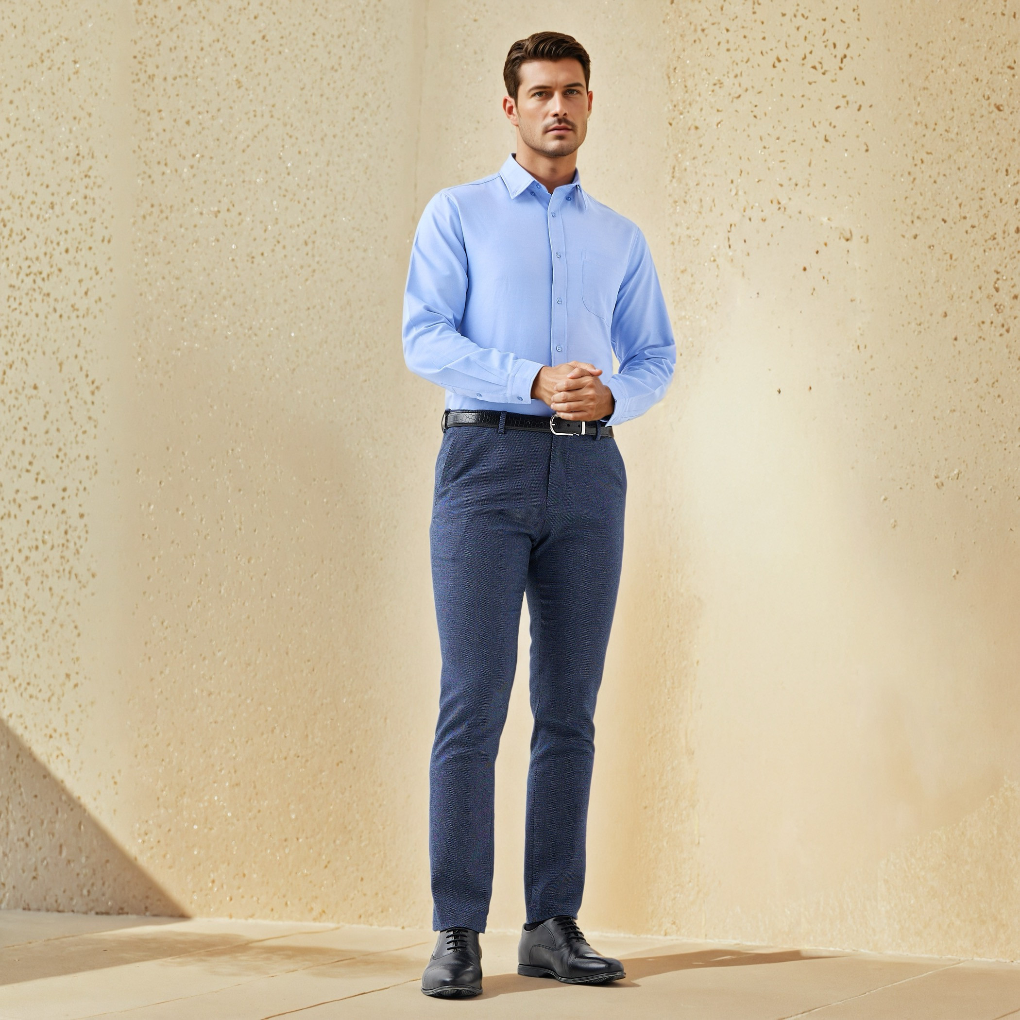 Men Regular Fit Button-Down Collar Long Sleeves Oxford Shirt with Pocket-men-clothing-shirts-image-2