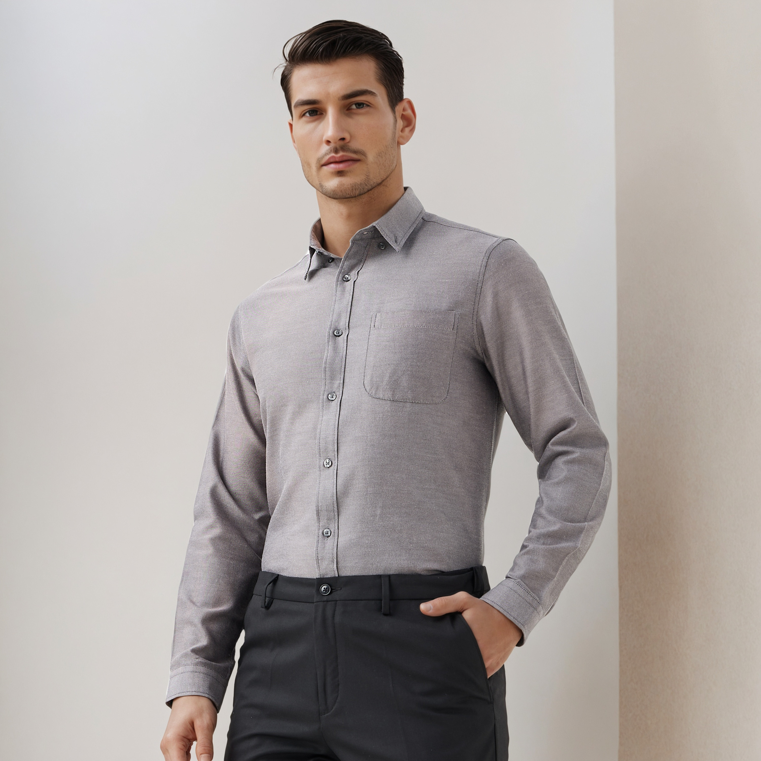قميص أوكسفورد للرجال بقصة عادية وياقة بأزرار وجيب وأكمام طويلة-men-clothing-shirts-image-1