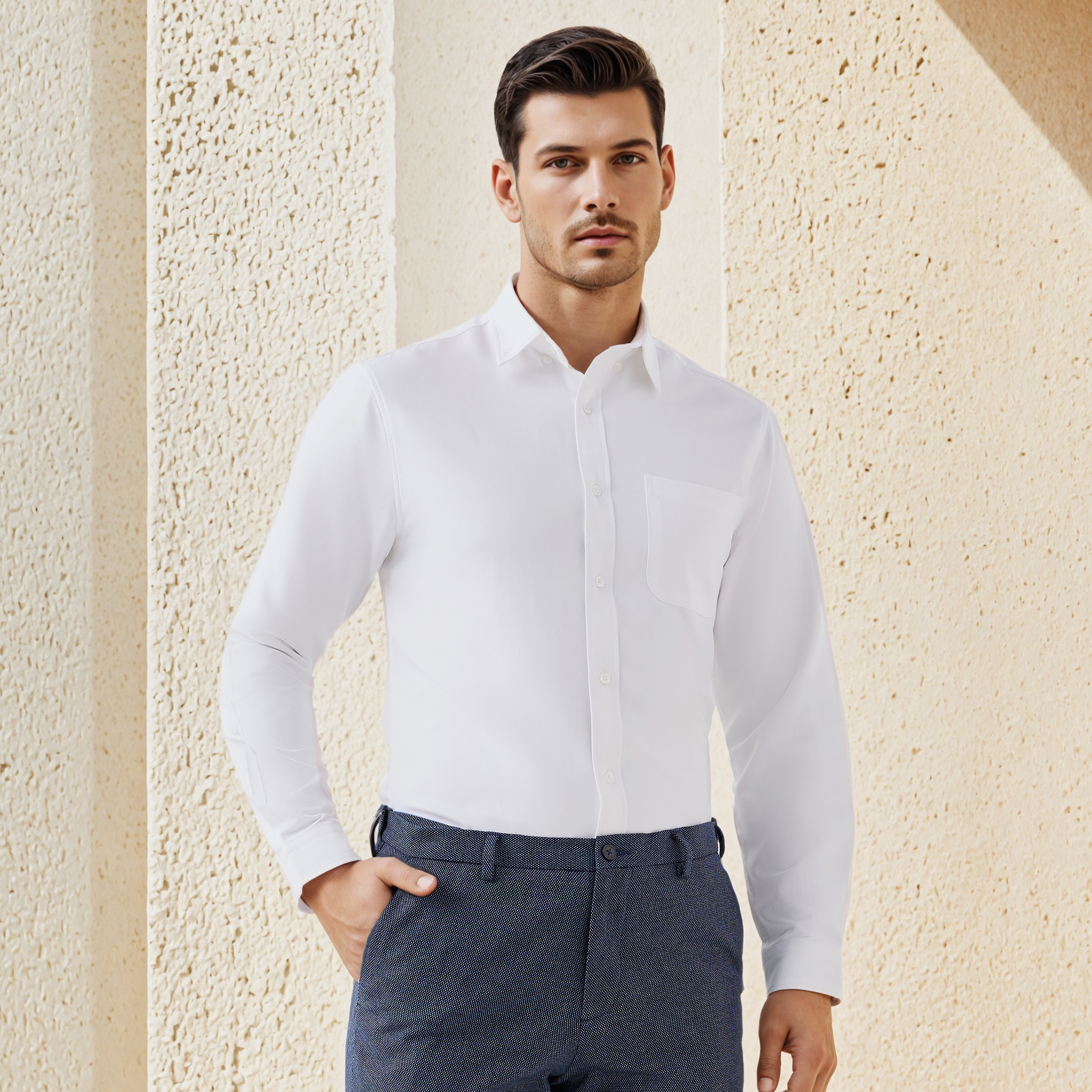 قميص أوكسفورد للرجال بقصة عادية وياقة بأزرار وجيب وأكمام طويلة-men-clothing-shirts-image-1