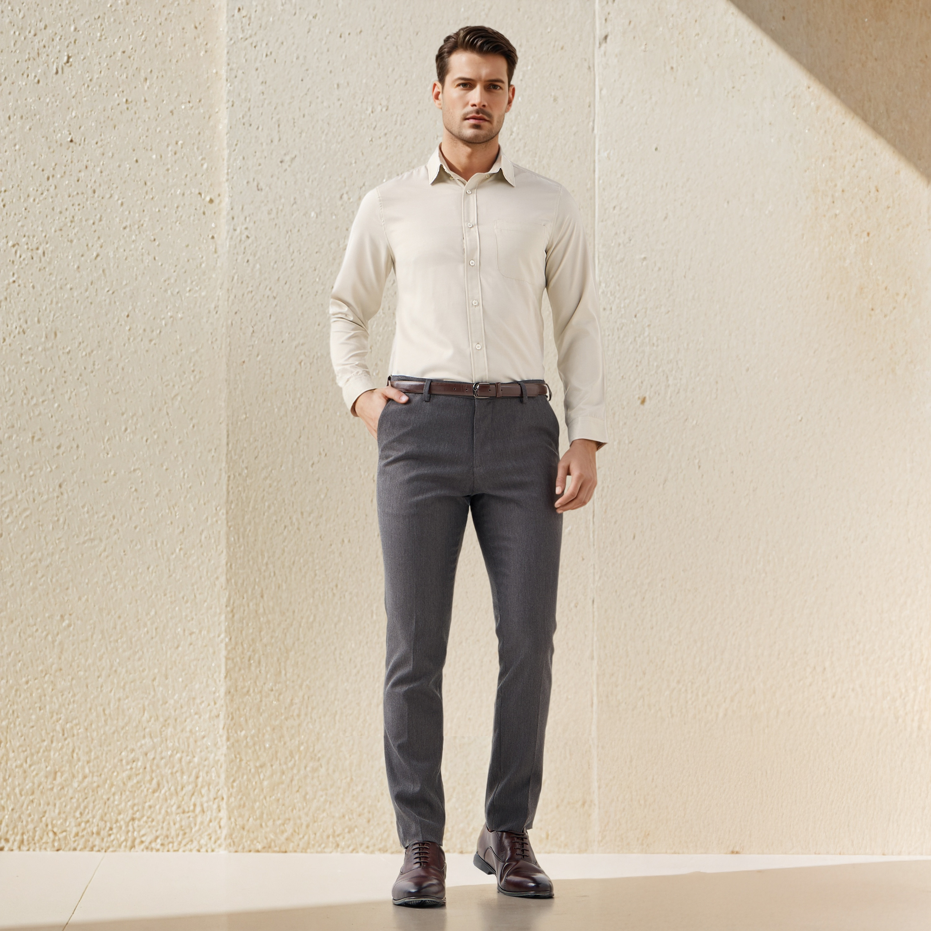 Men Regular Fit Button-Down Collar Long Sleeves Twill Shirt with Pocket-men-clothing-shirts-image-2