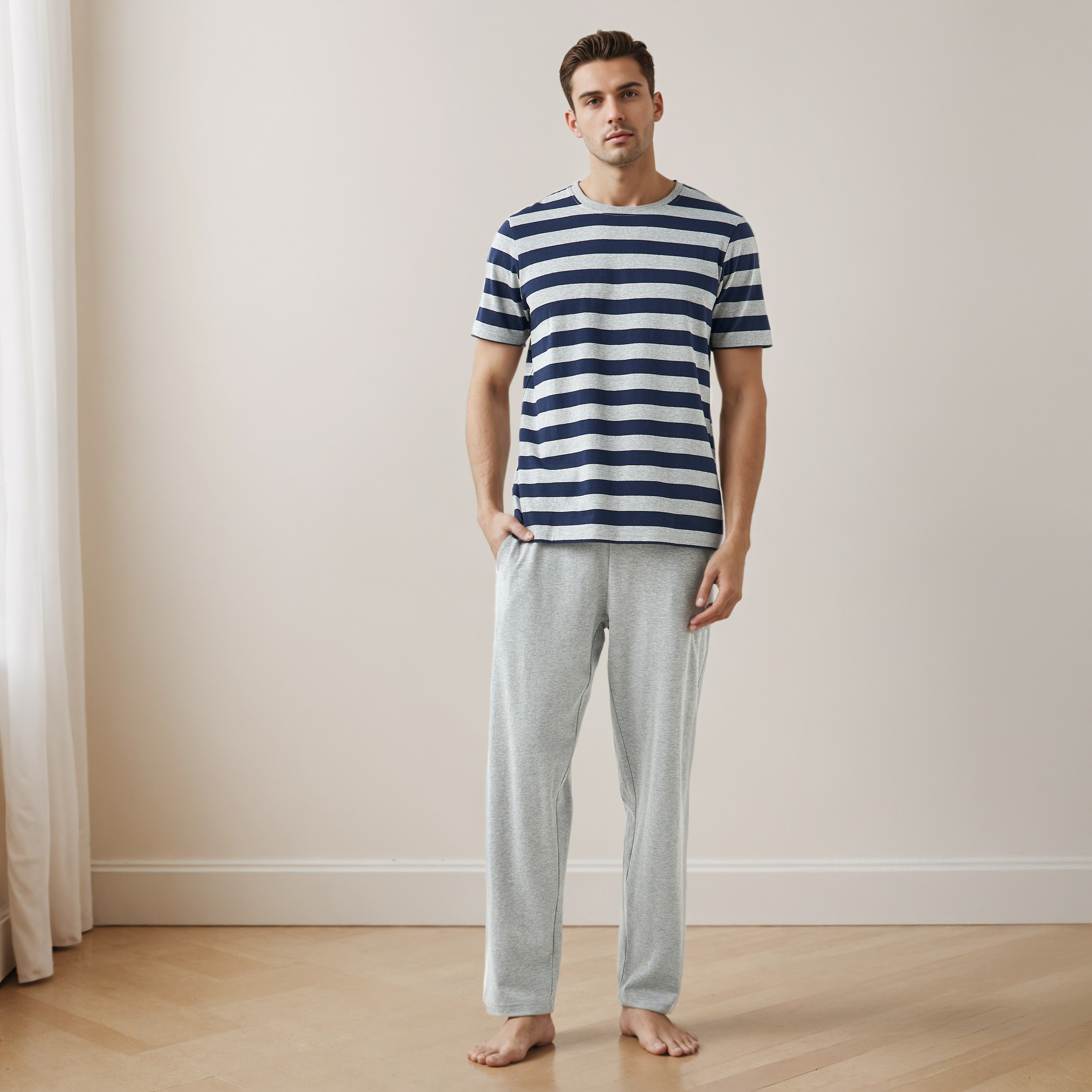 Men Cotton Striped Drawstring Closure Nightwear Set-men-clothing-nightwear-sets-image-1