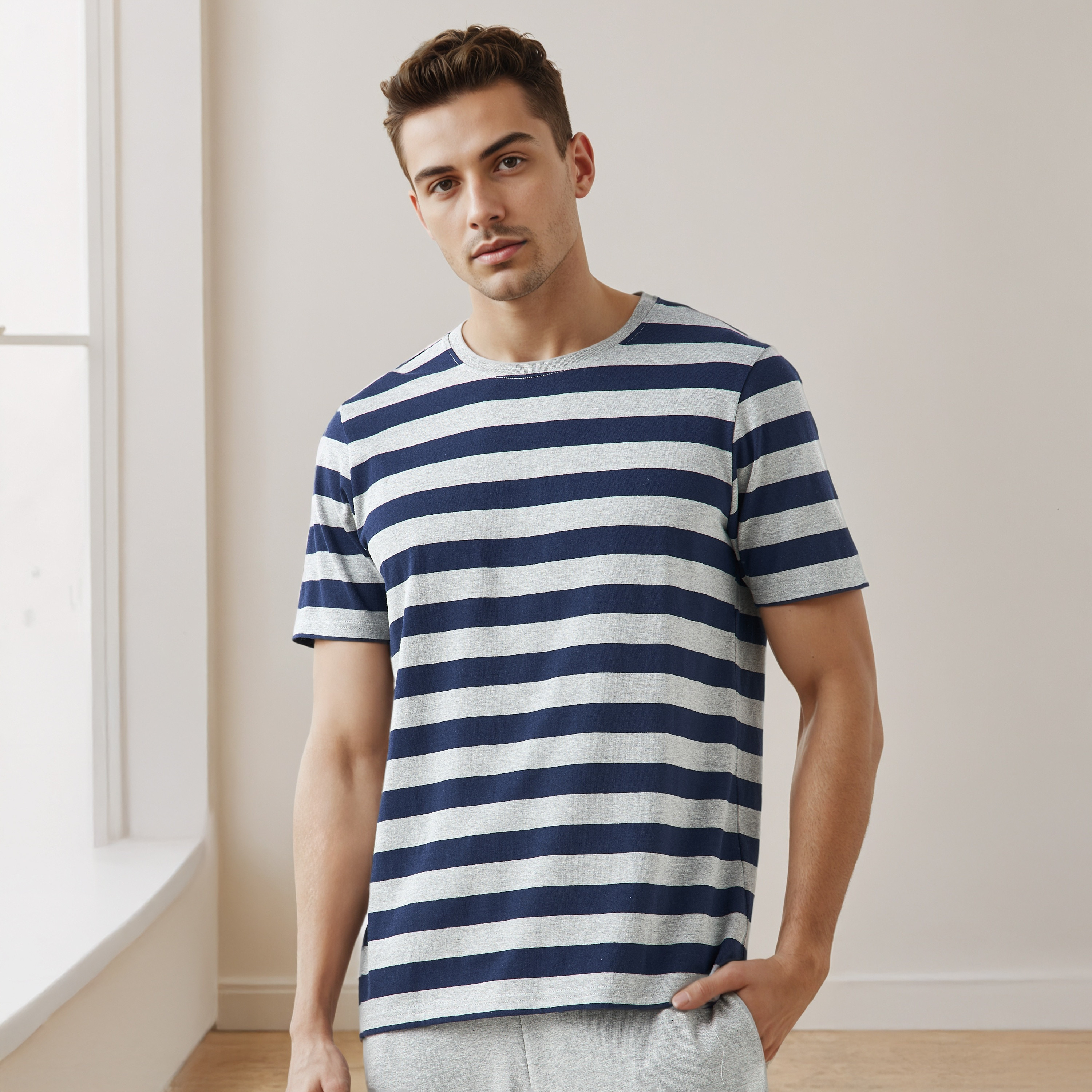 Men Cotton Striped Drawstring Closure Nightwear Set-men-clothing-nightwear-sets-image-2