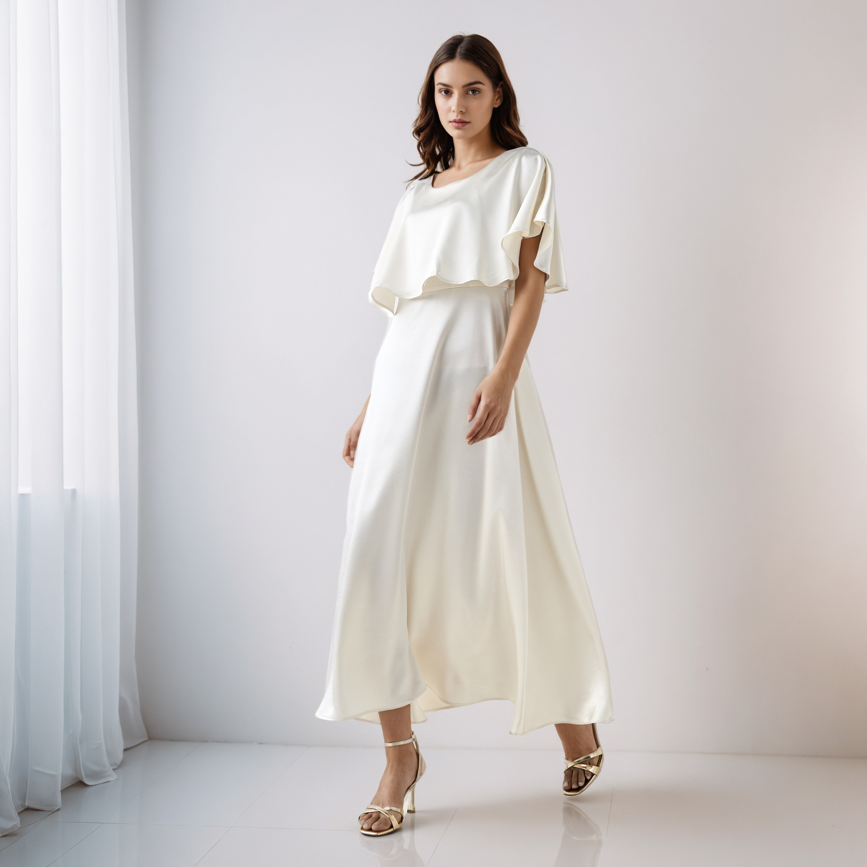 A-Line Maxi Polyester Dress with Cape Overlay Detail-women-clothing-dresses-image-2
