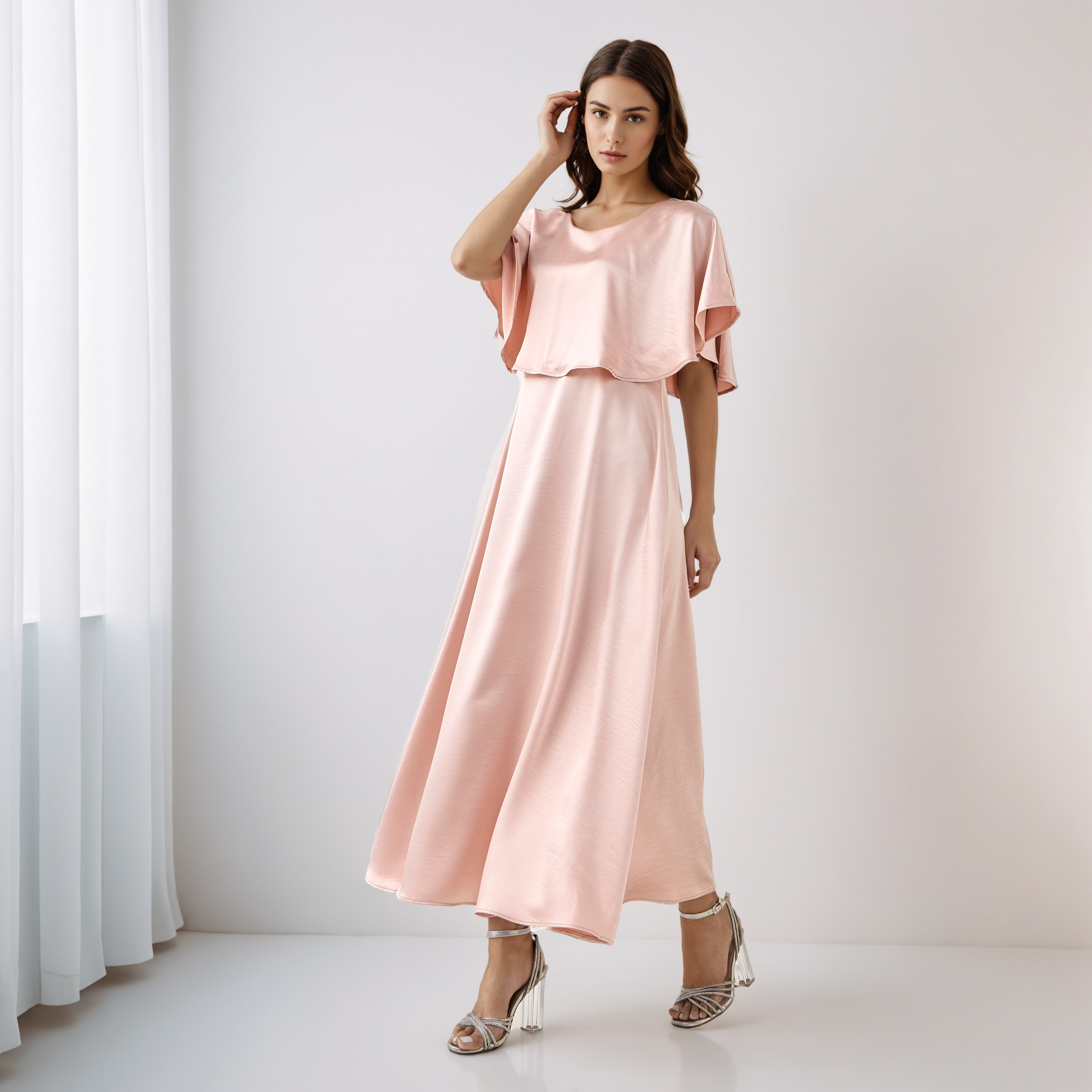 A-Line Maxi Polyester Dress with Cape Overlay Detail-women-clothing-dresses-image-1