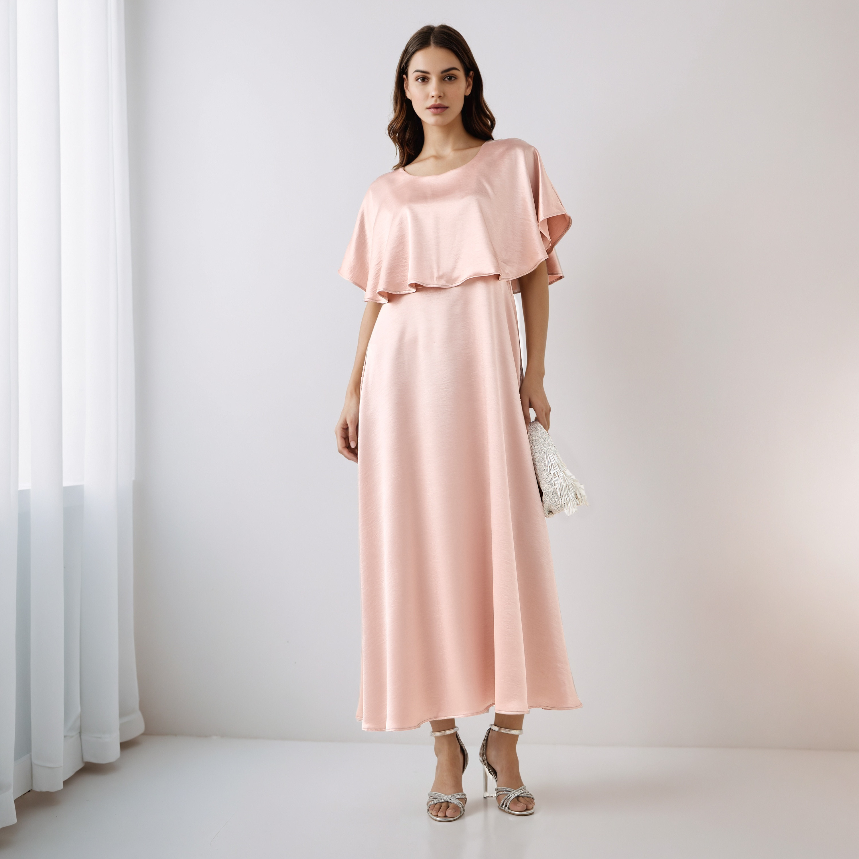 A-Line Maxi Polyester Dress with Cape Overlay Detail-women-clothing-dresses-image-2