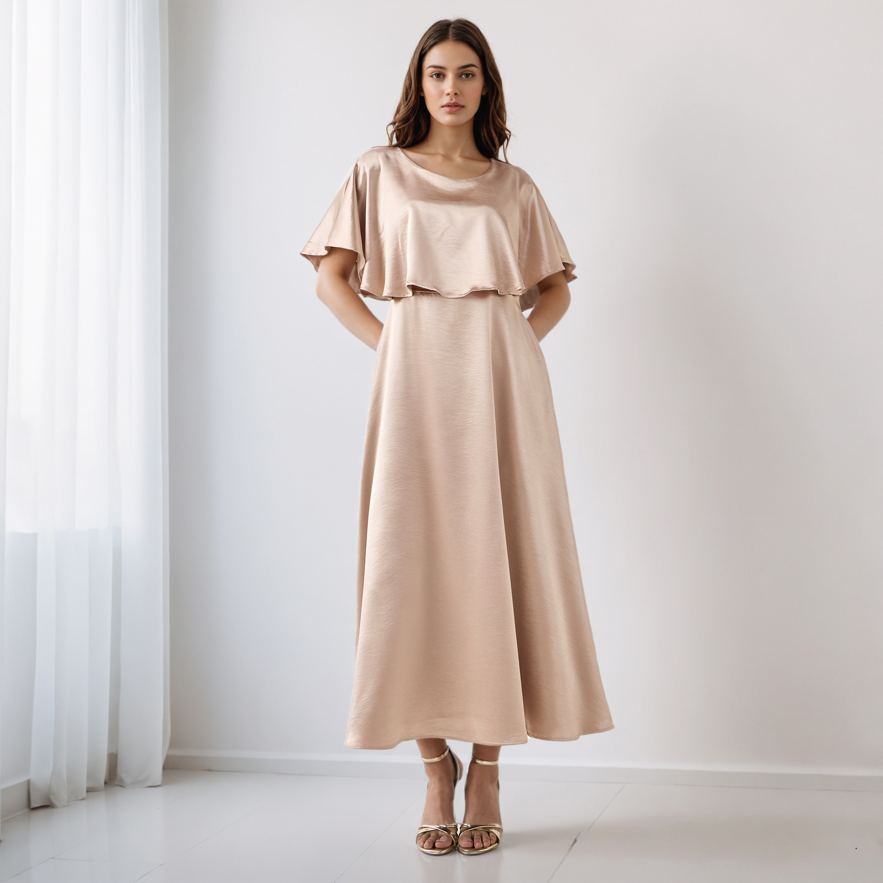 A-Line Maxi Polyester Dress with Cape Overlay Detail-women-clothing-dresses-image-1