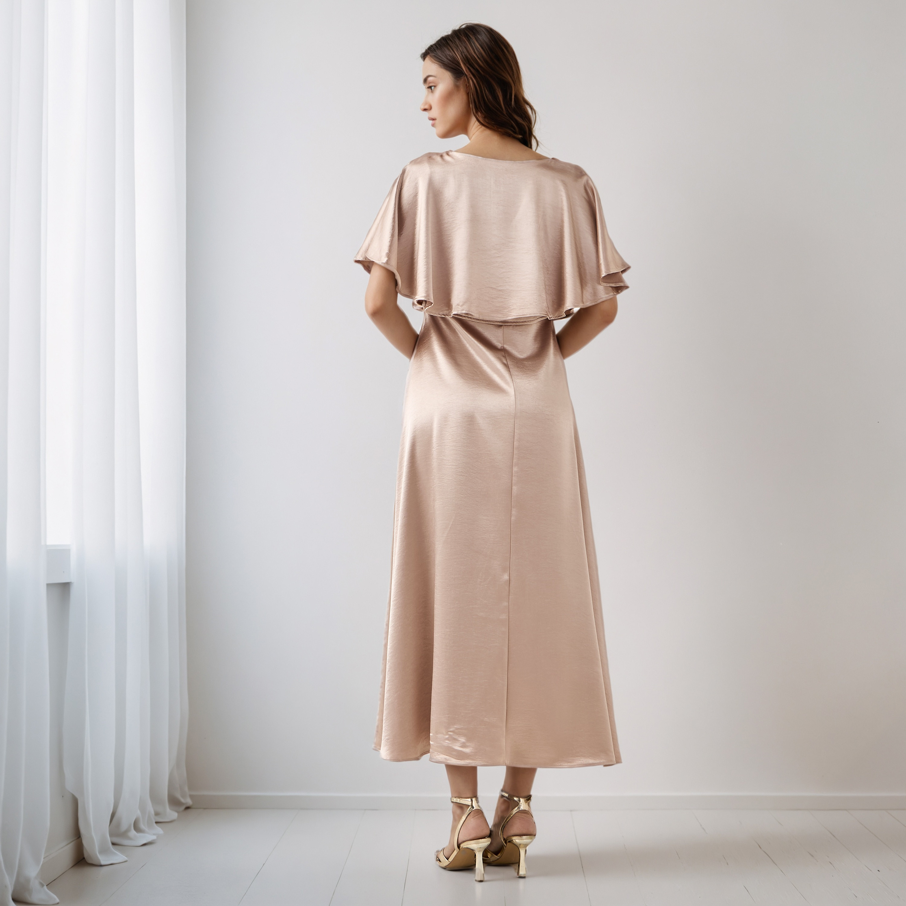A-Line Maxi Polyester Dress with Cape Overlay Detail-women-clothing-dresses-image-3