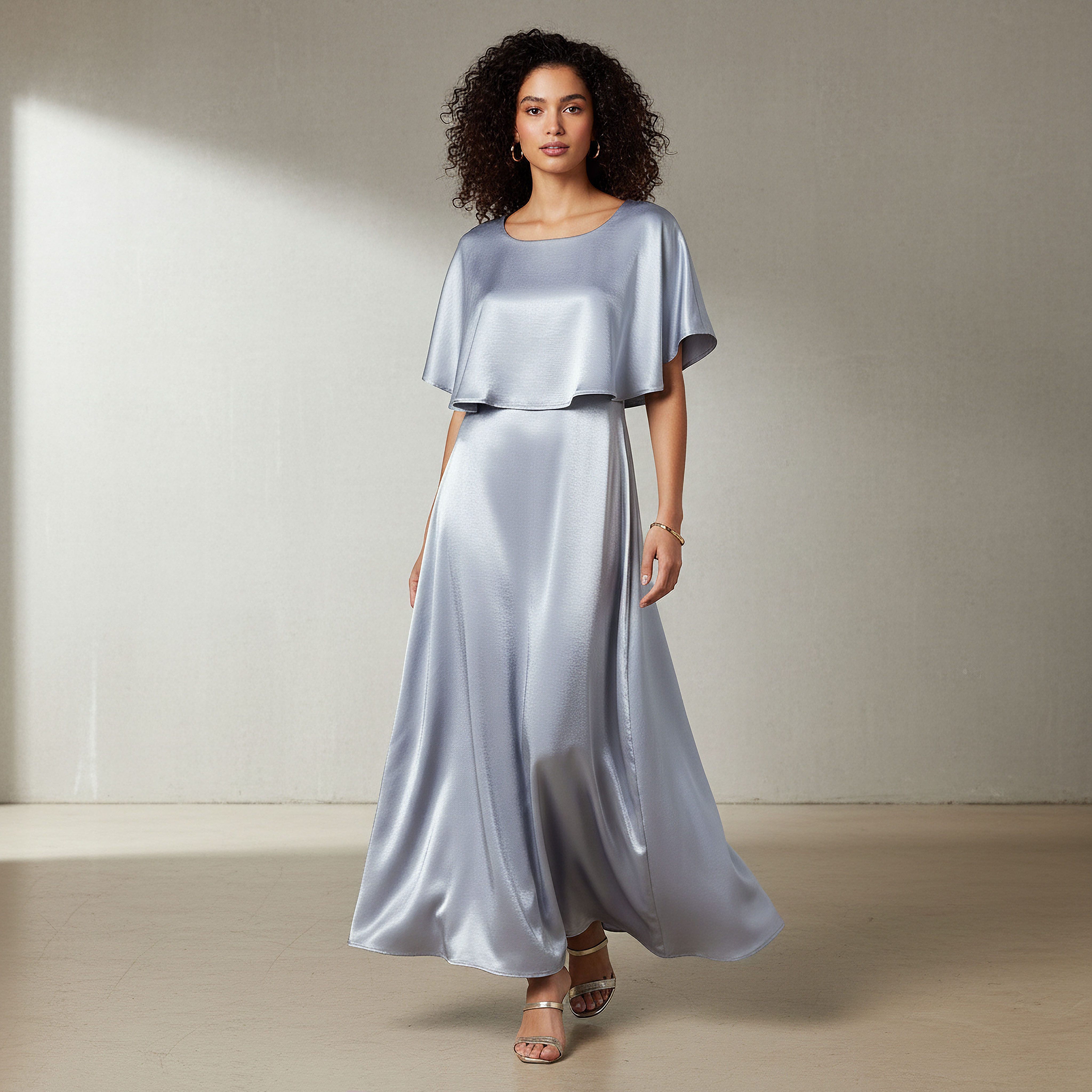A-Line Maxi Polyester Dress with Cape Overlay Detail-women-clothing-dresses-image-1