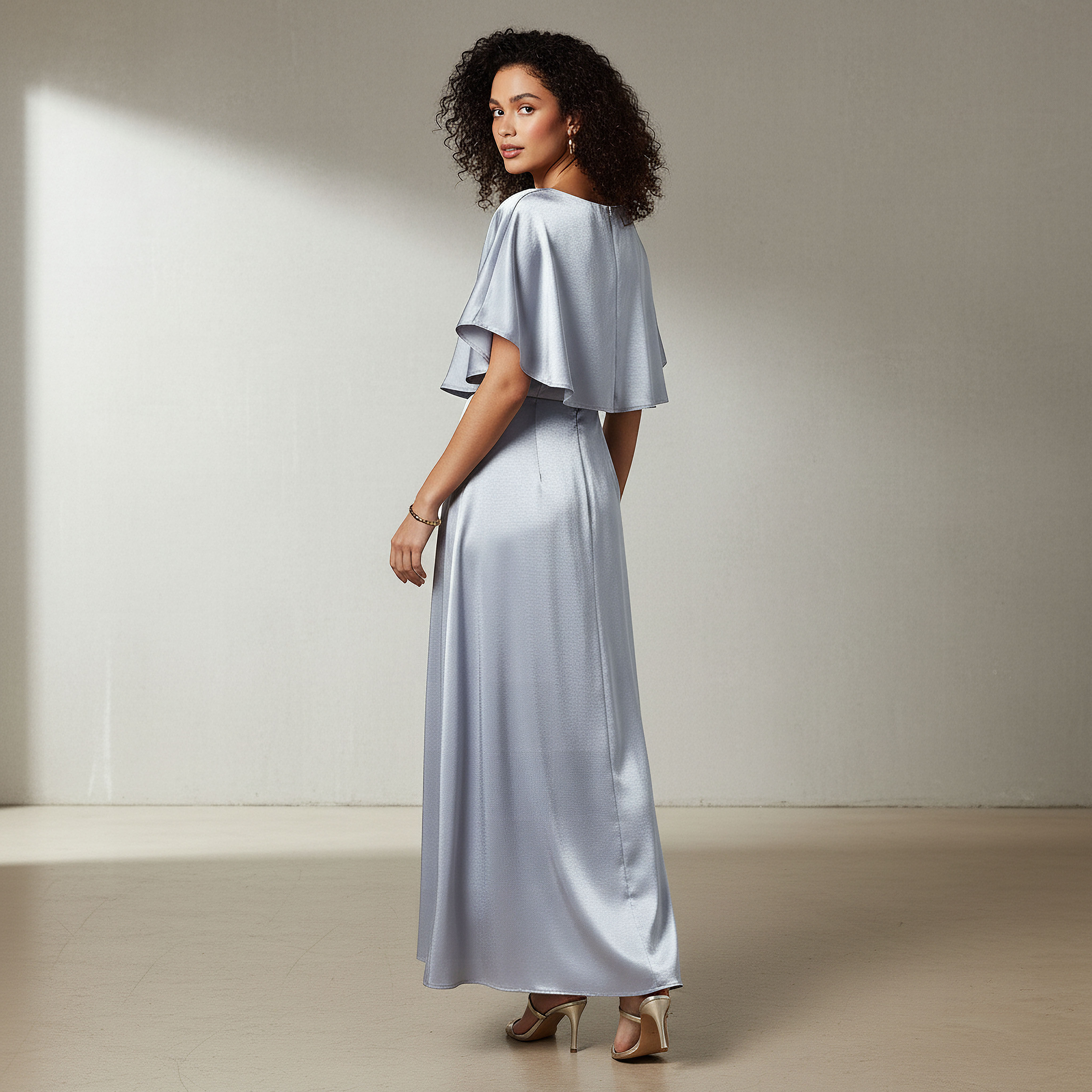 A-Line Maxi Polyester Dress with Cape Overlay Detail-women-clothing-dresses-image-3