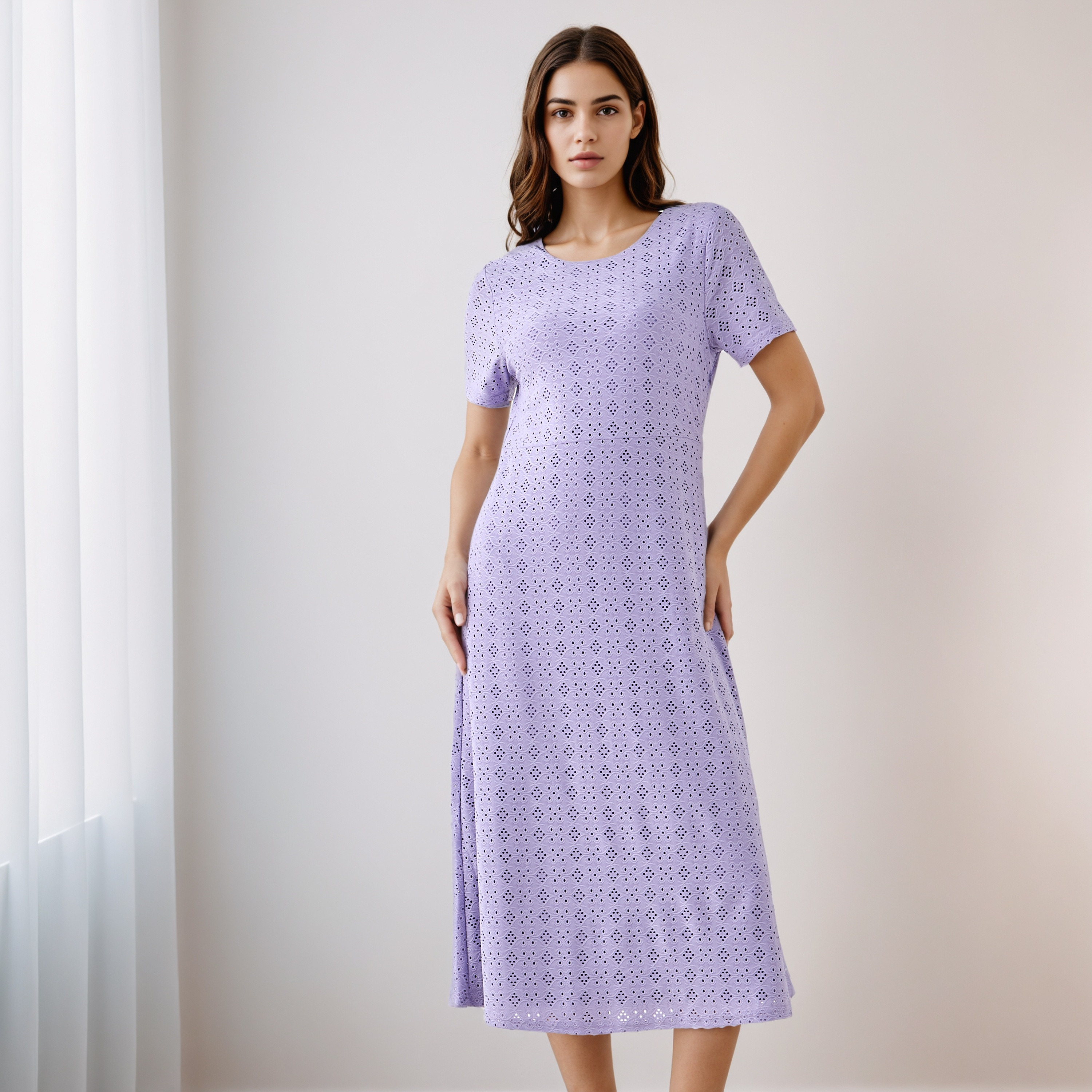 Schiffli A-line Midi Dress with Keyhole Back Closure-women-clothing-dresses-image-2
