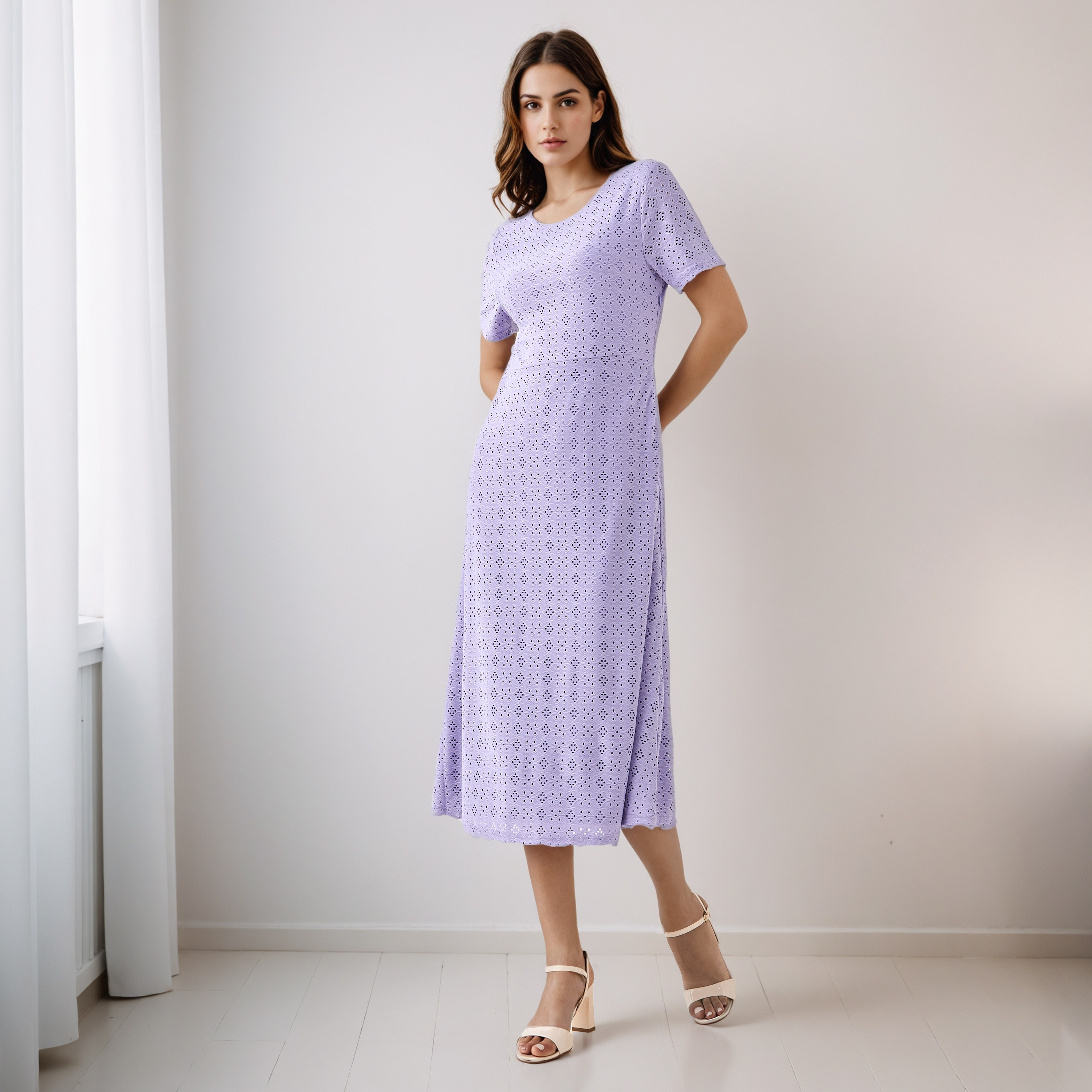 Schiffli A-line Midi Dress with Keyhole Back Closure-women-clothing-dresses-image-1