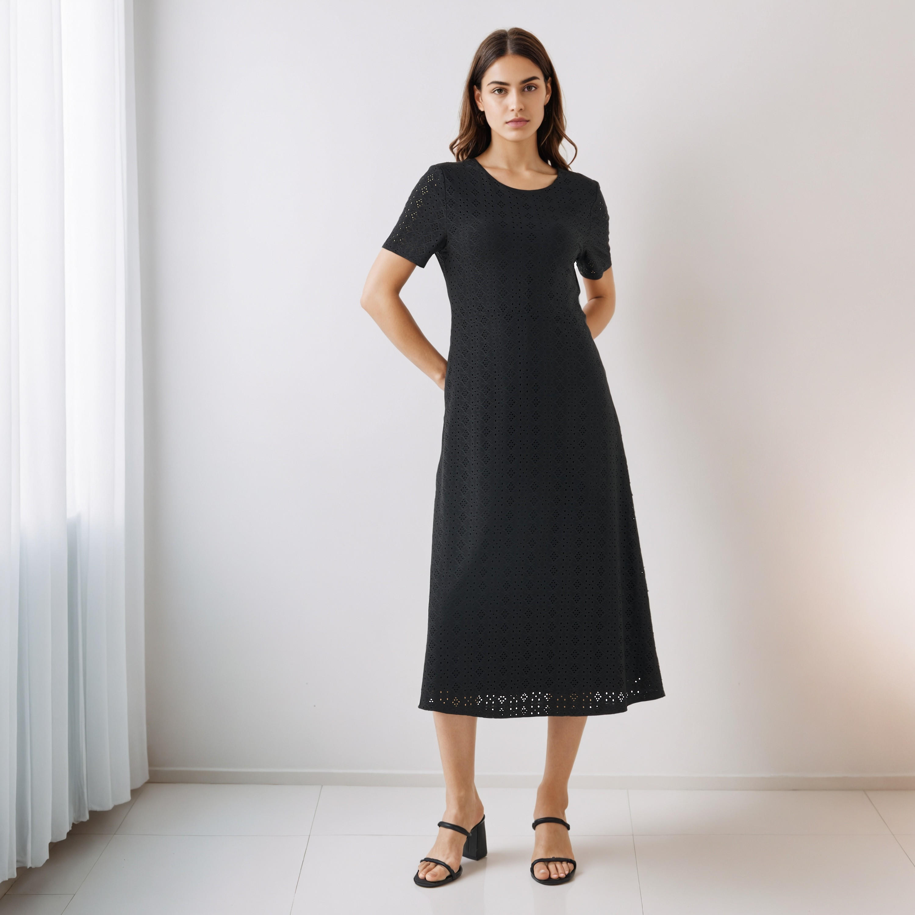 Schiffli A-line Midi Dress with Keyhole Back Closure-women-clothing-dresses-image-1