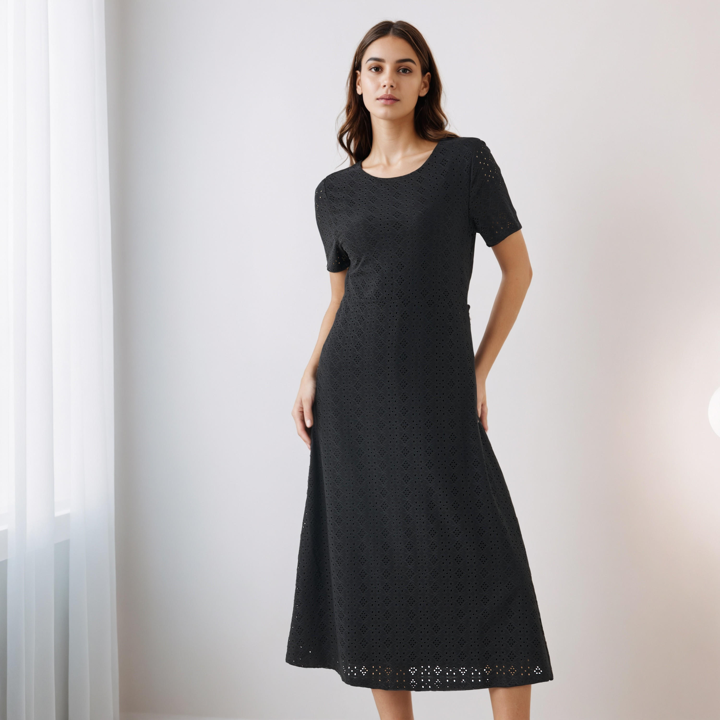 Schiffli A-line Midi Dress with Keyhole Back Closure-women-clothing-dresses-image-3