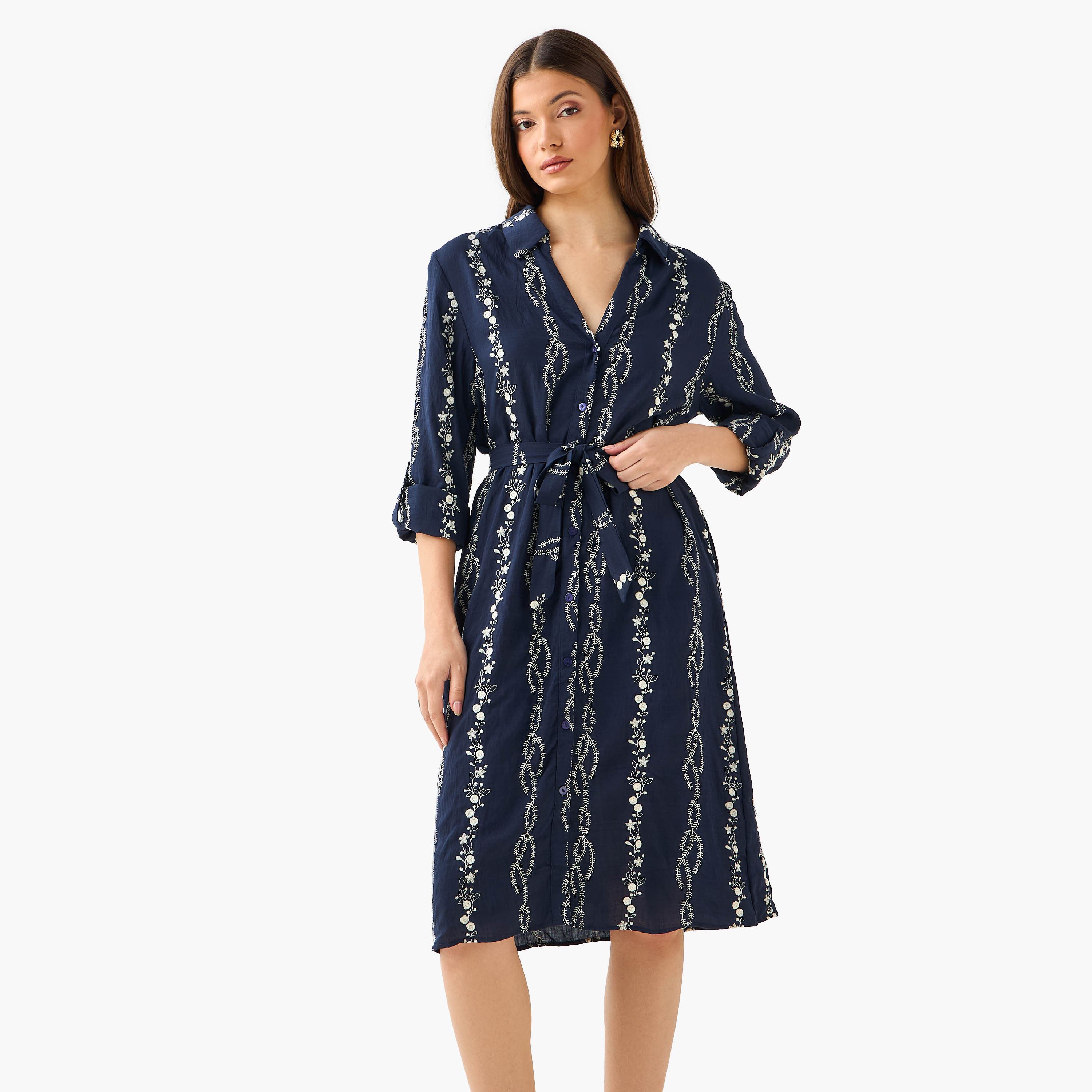 Knee Length Shirt Belted Dress with Floral Embroidery-women-clothing-dresses-image-1