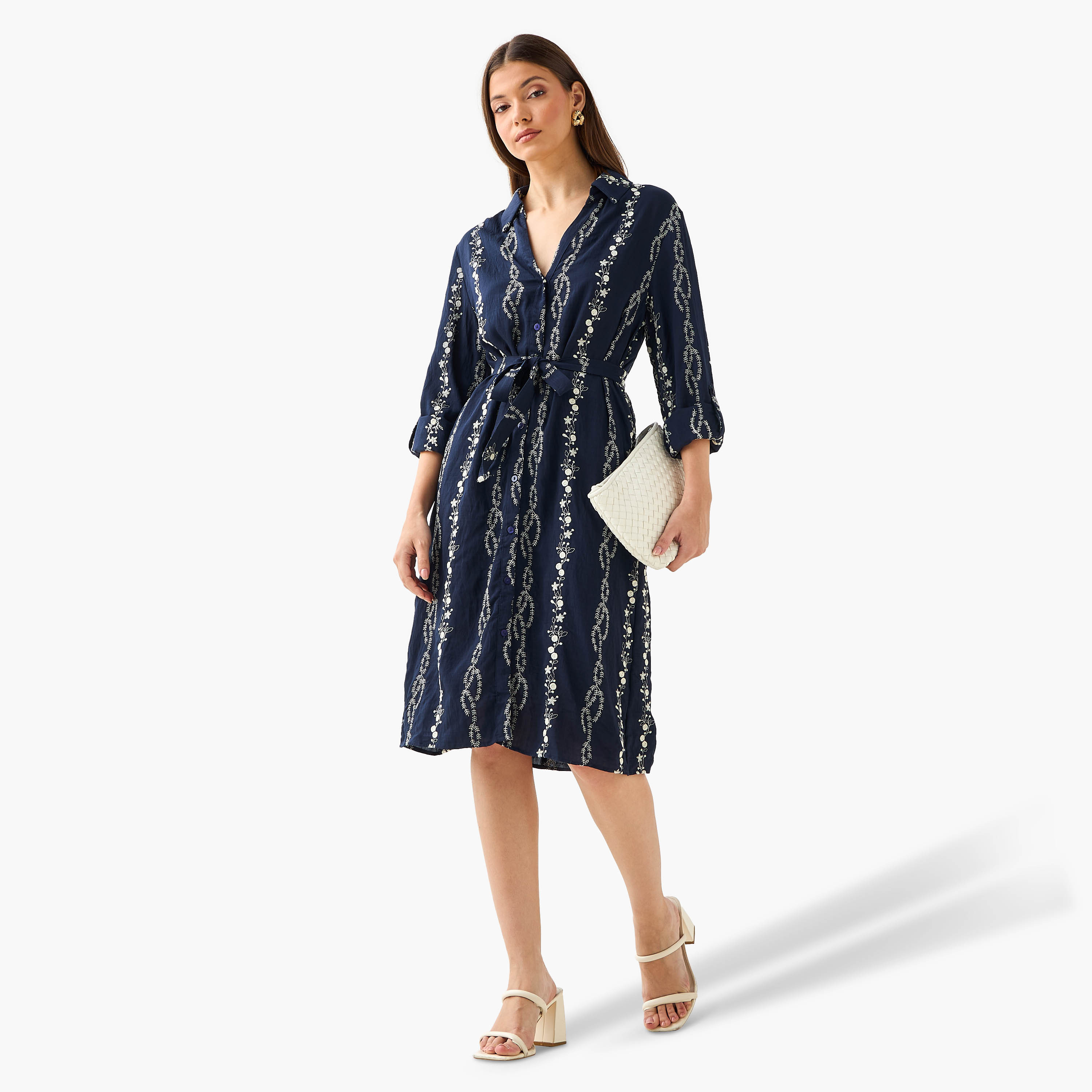 Knee Length Shirt Belted Dress with Floral Embroidery-women-clothing-dresses-image-2