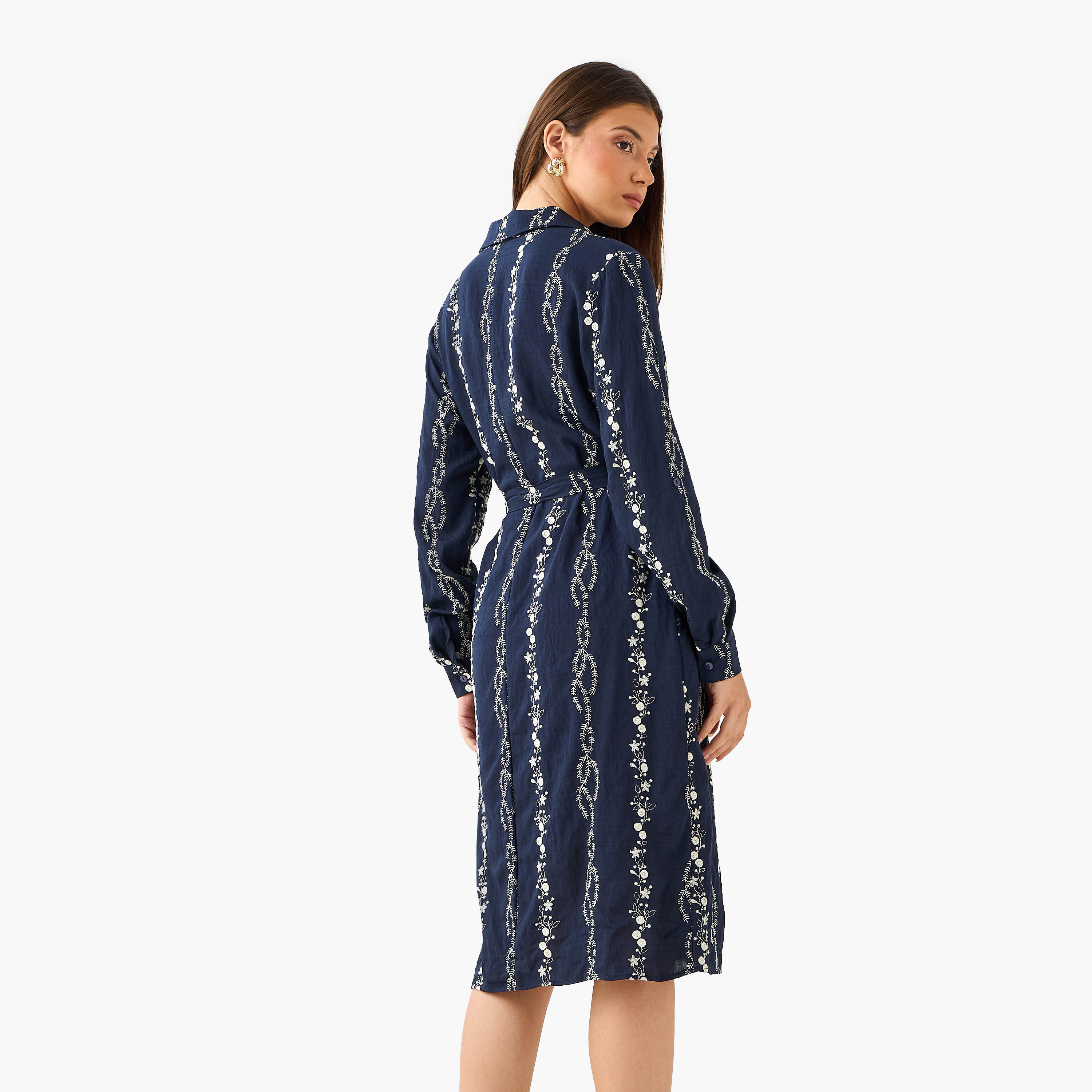 Knee Length Shirt Belted Dress with Floral Embroidery-women-clothing-dresses-image-3