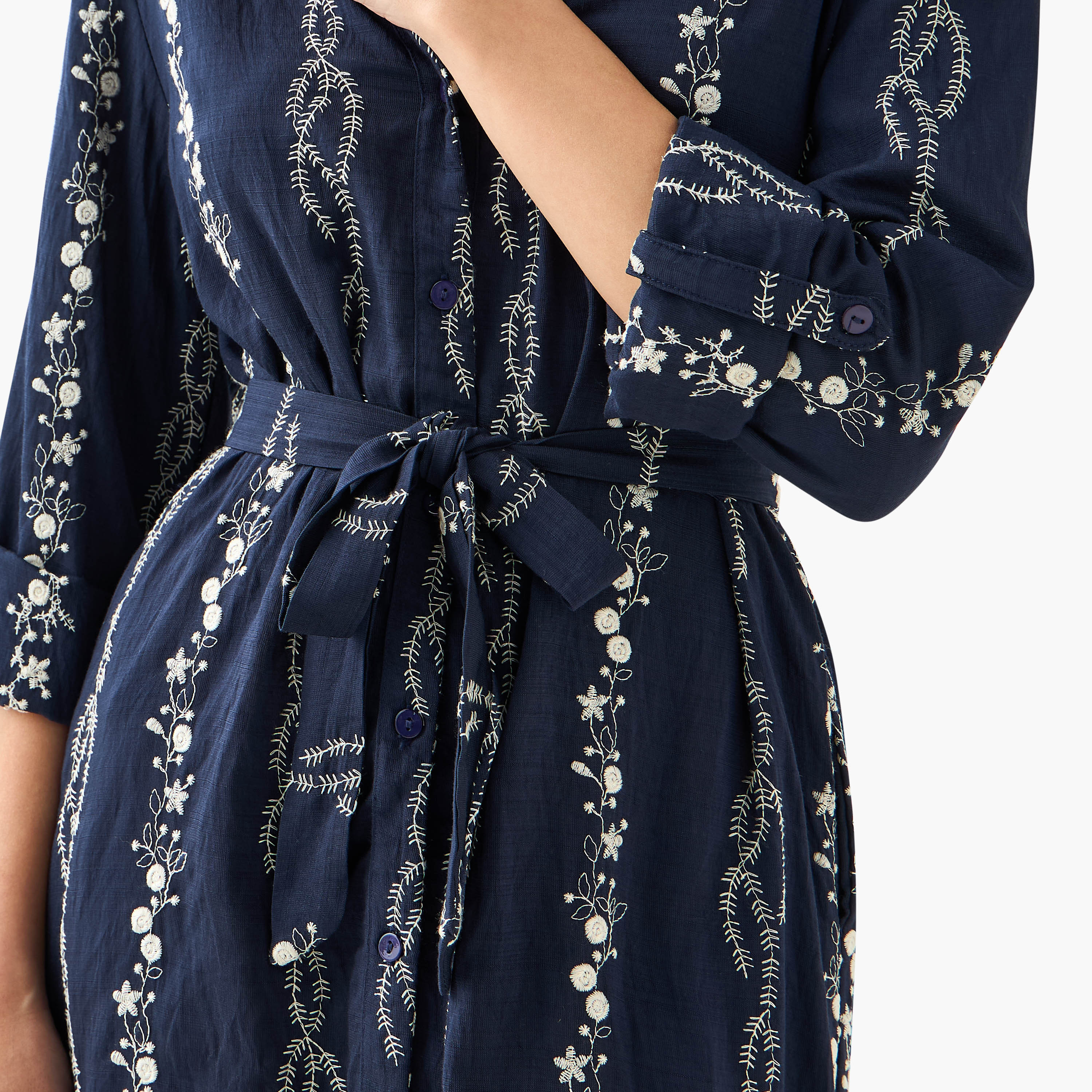 Knee Length Shirt Belted Dress with Floral Embroidery-women-clothing-dresses-image-4
