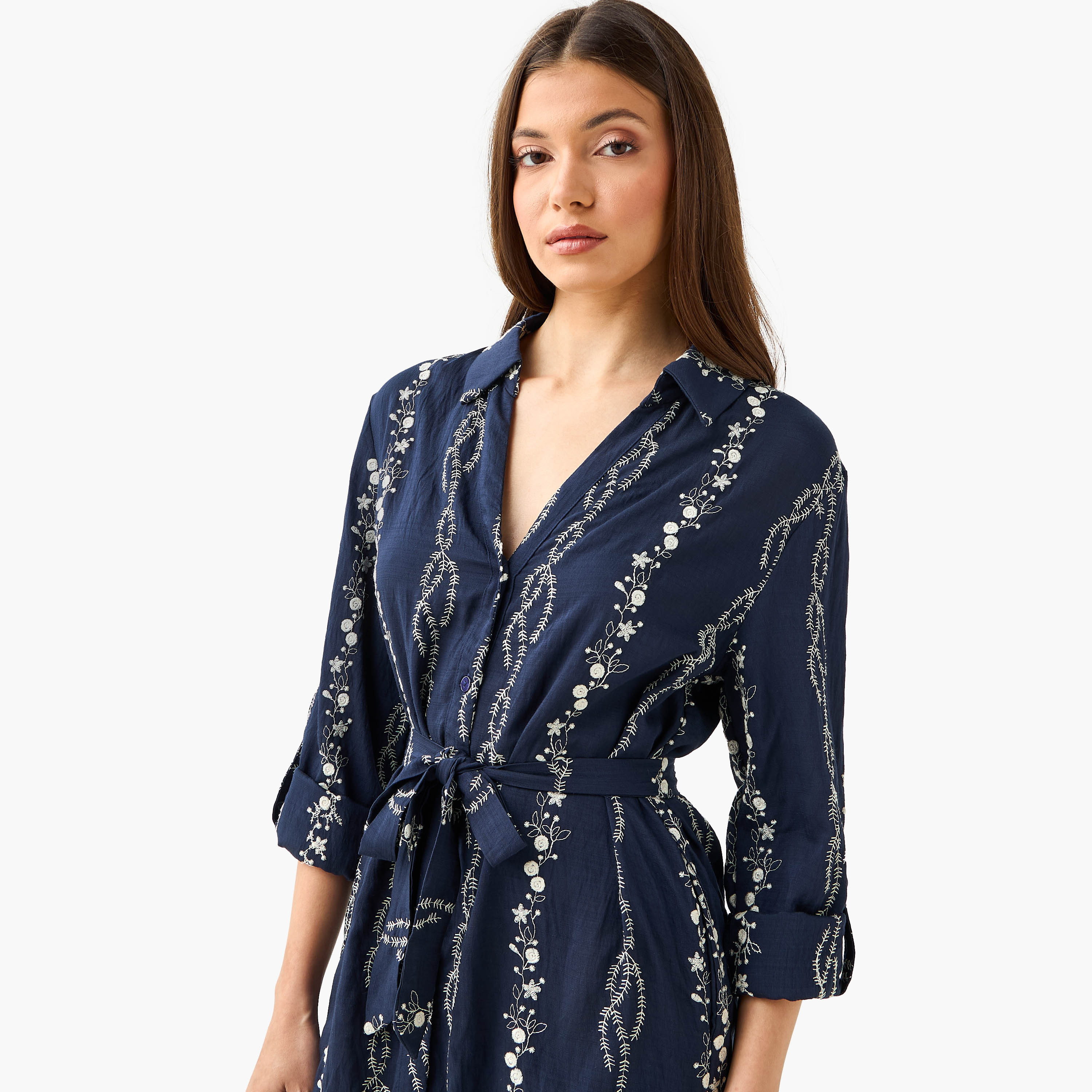 Knee Length Shirt Belted Dress with Floral Embroidery-women-clothing-dresses-image-5