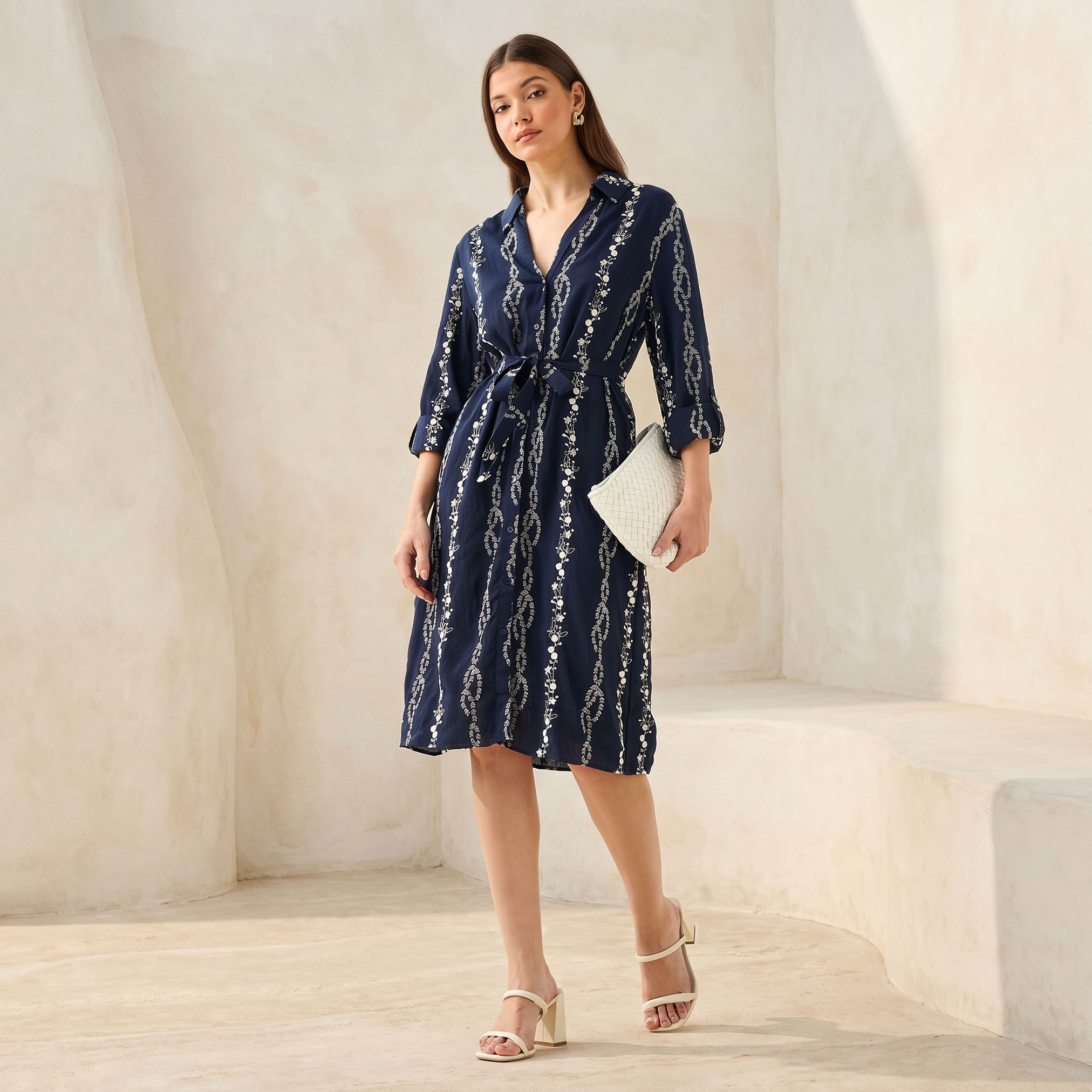 Knee Length Shirt Belted Dress with Floral Embroidery-women-clothing-dresses-image-1
