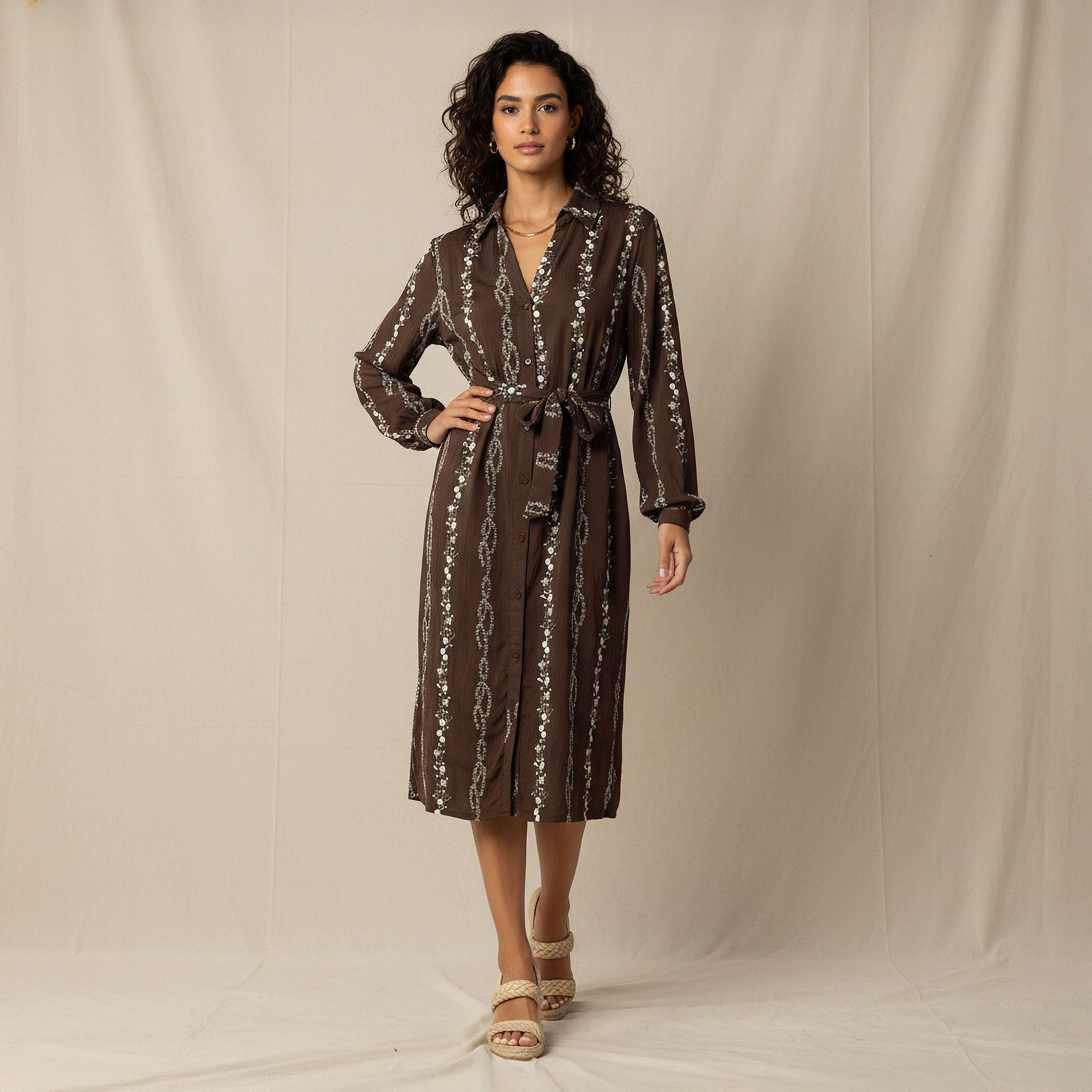 فستان قميص طول الركبة بحزام وتطريزات زهرية-women-clothing-dresses-image-6