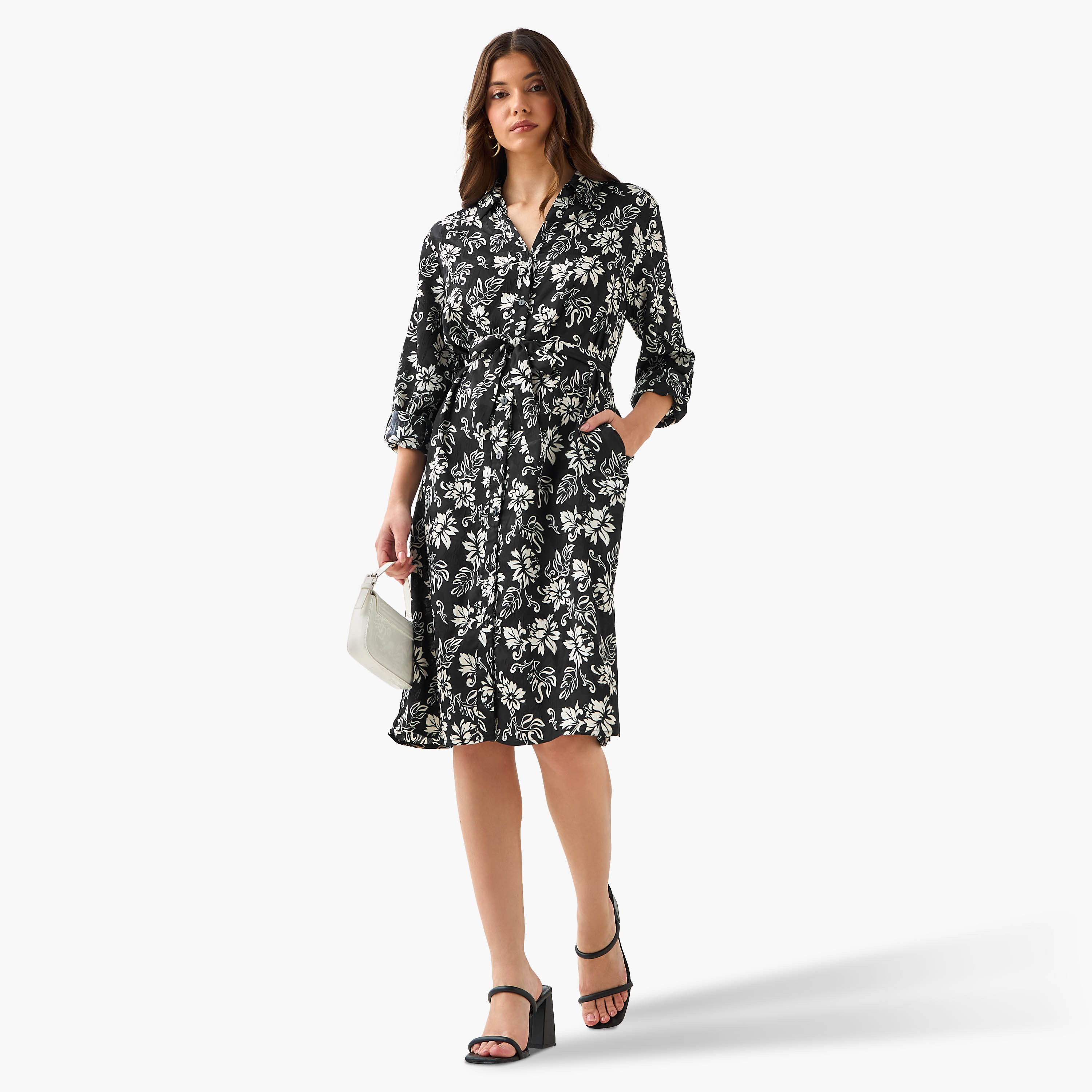 Knee Length Shirt Belted Dress with Floral Print-women-clothing-dresses-image-2