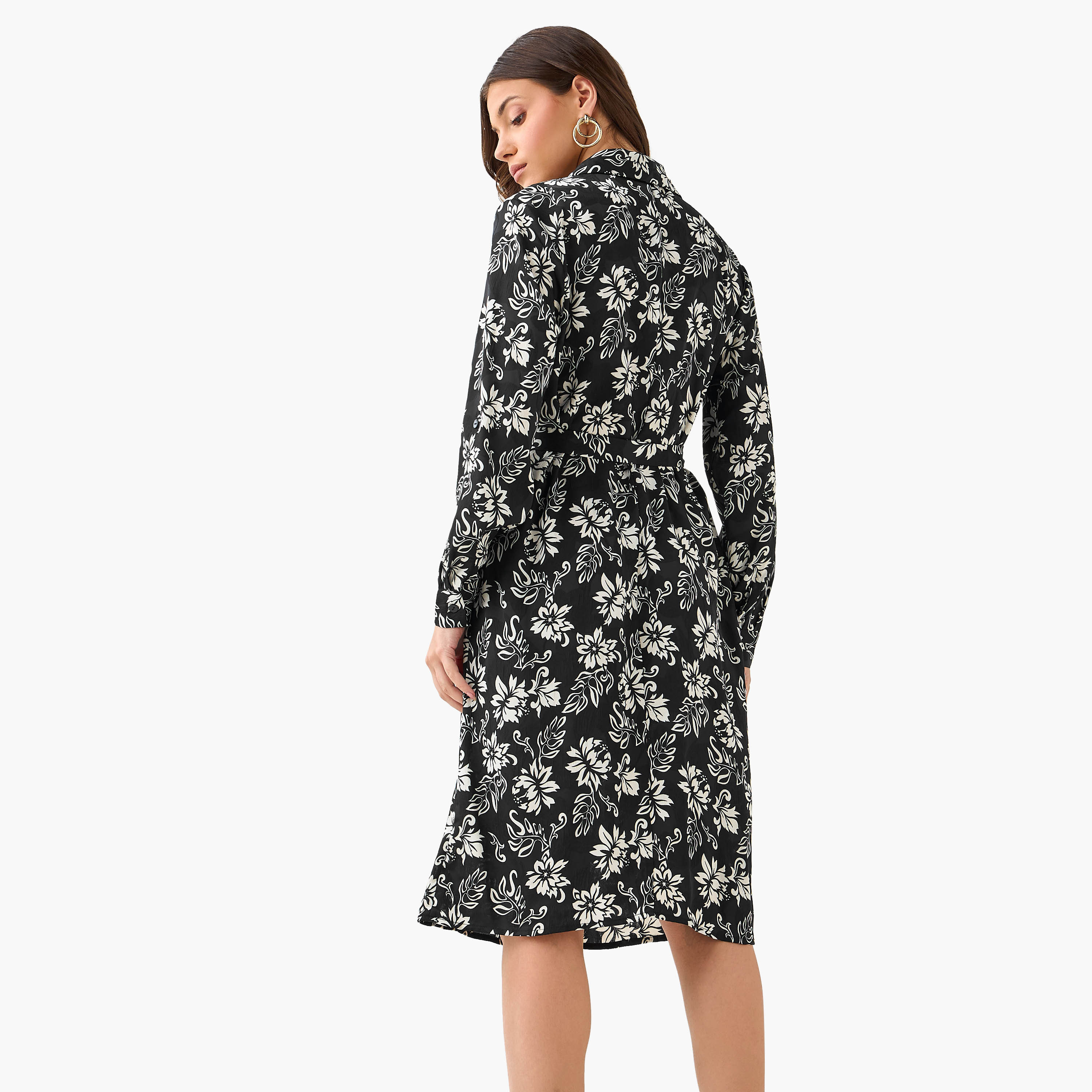 Knee Length Shirt Belted Dress with Floral Print-women-clothing-dresses-image-3