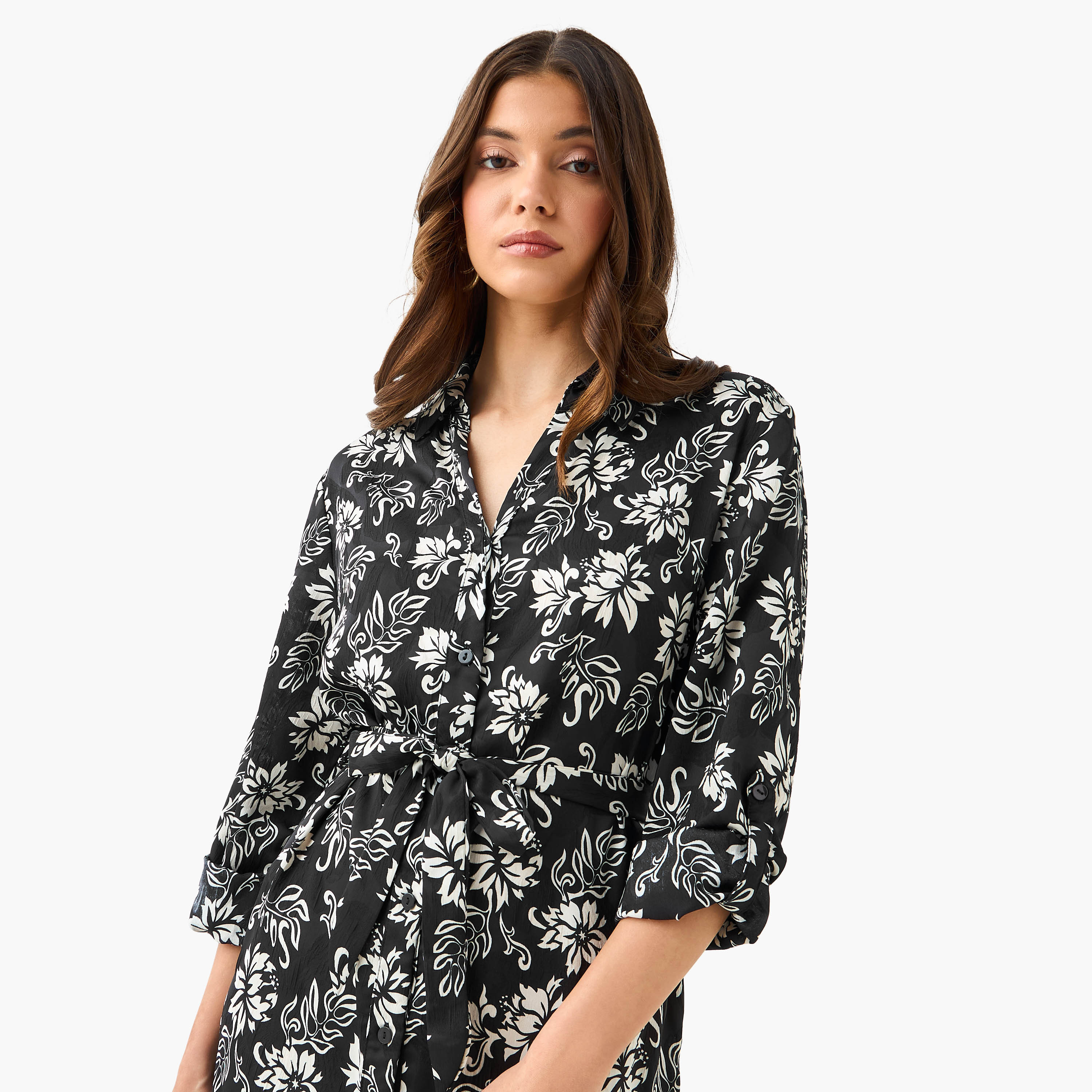 Knee Length Shirt Belted Dress with Floral Print-women-clothing-dresses-image-5