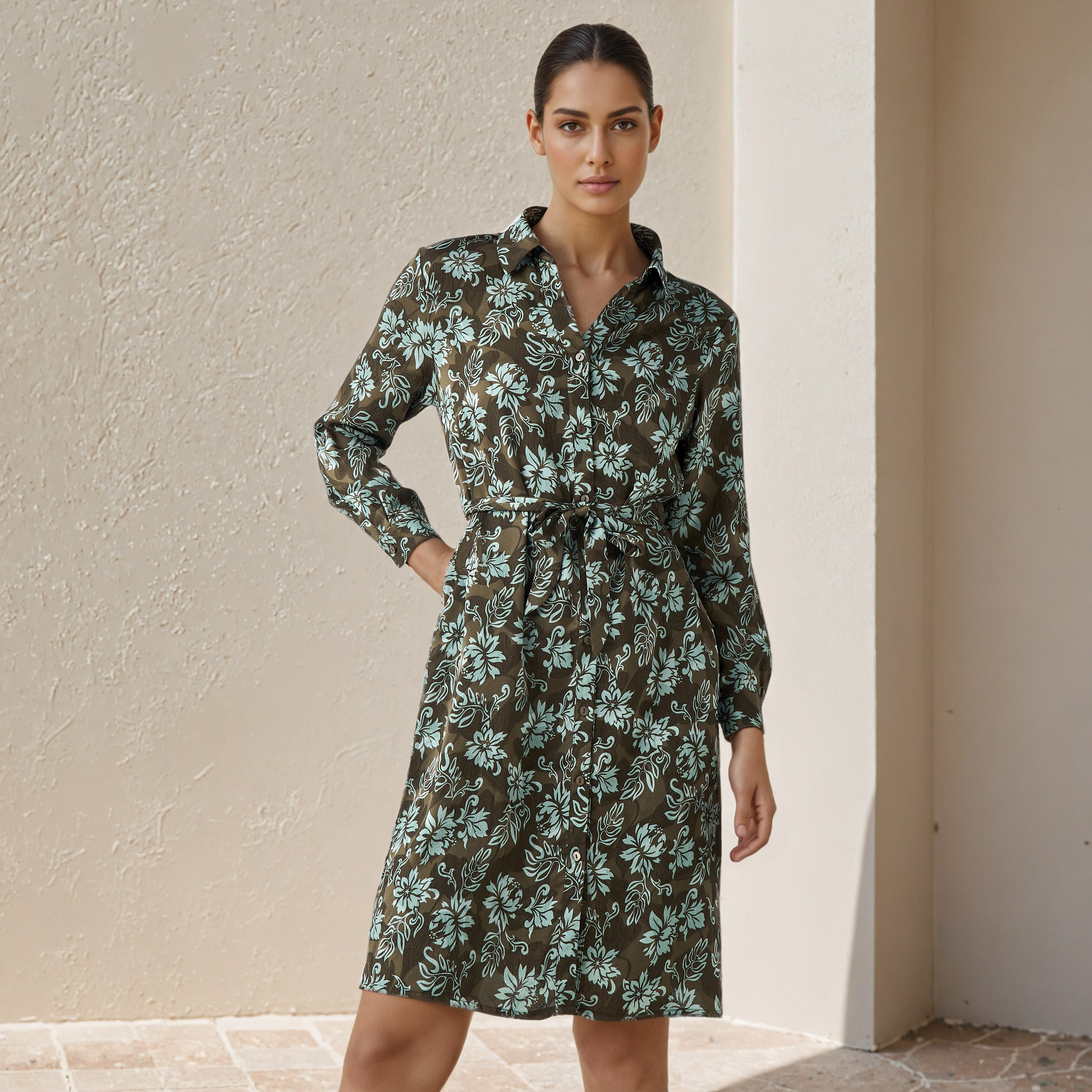 Knee Length Shirt Belted Dress with Floral Print-women-clothing-dresses-image-1