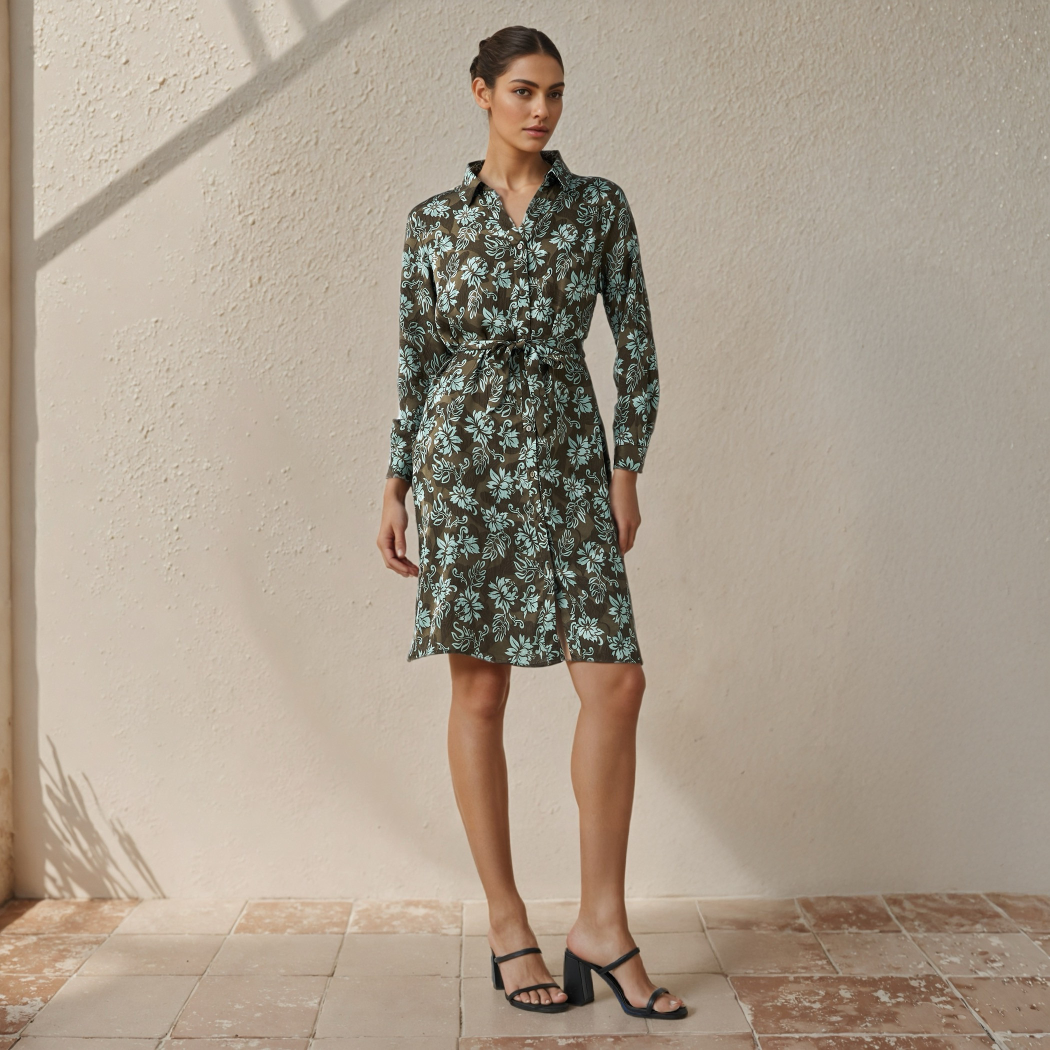 Knee Length Shirt Belted Dress with Floral Print-women-clothing-dresses-image-2