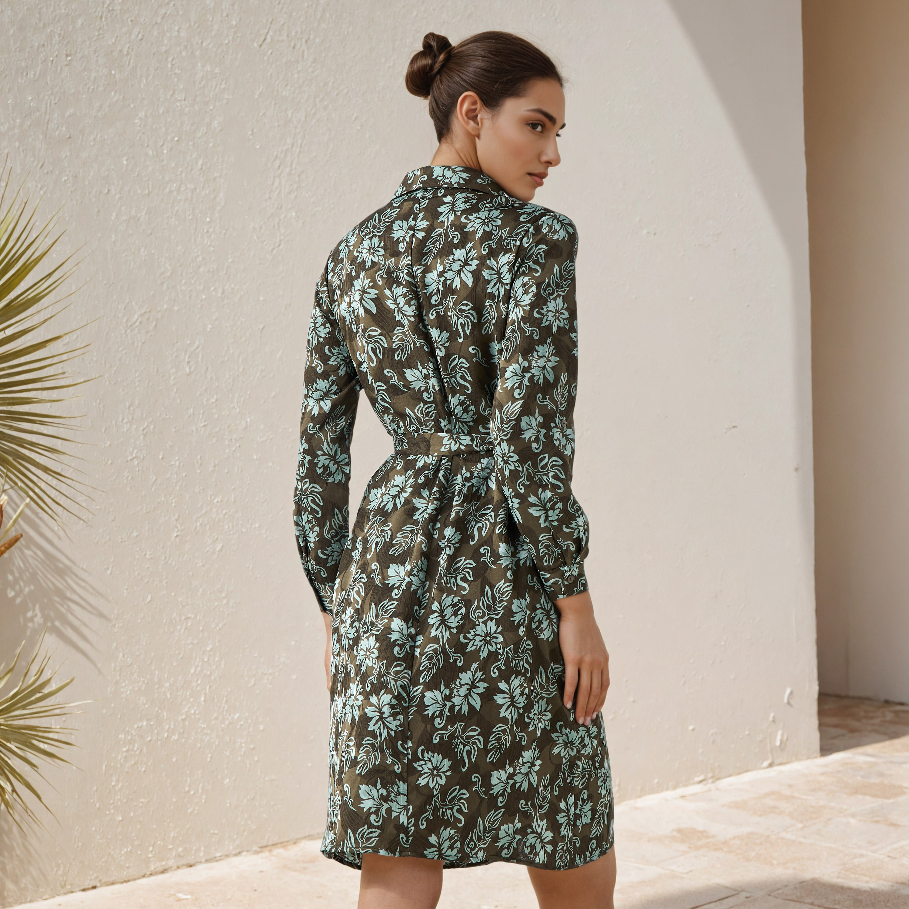 Knee Length Shirt Belted Dress with Floral Print-women-clothing-dresses-image-3
