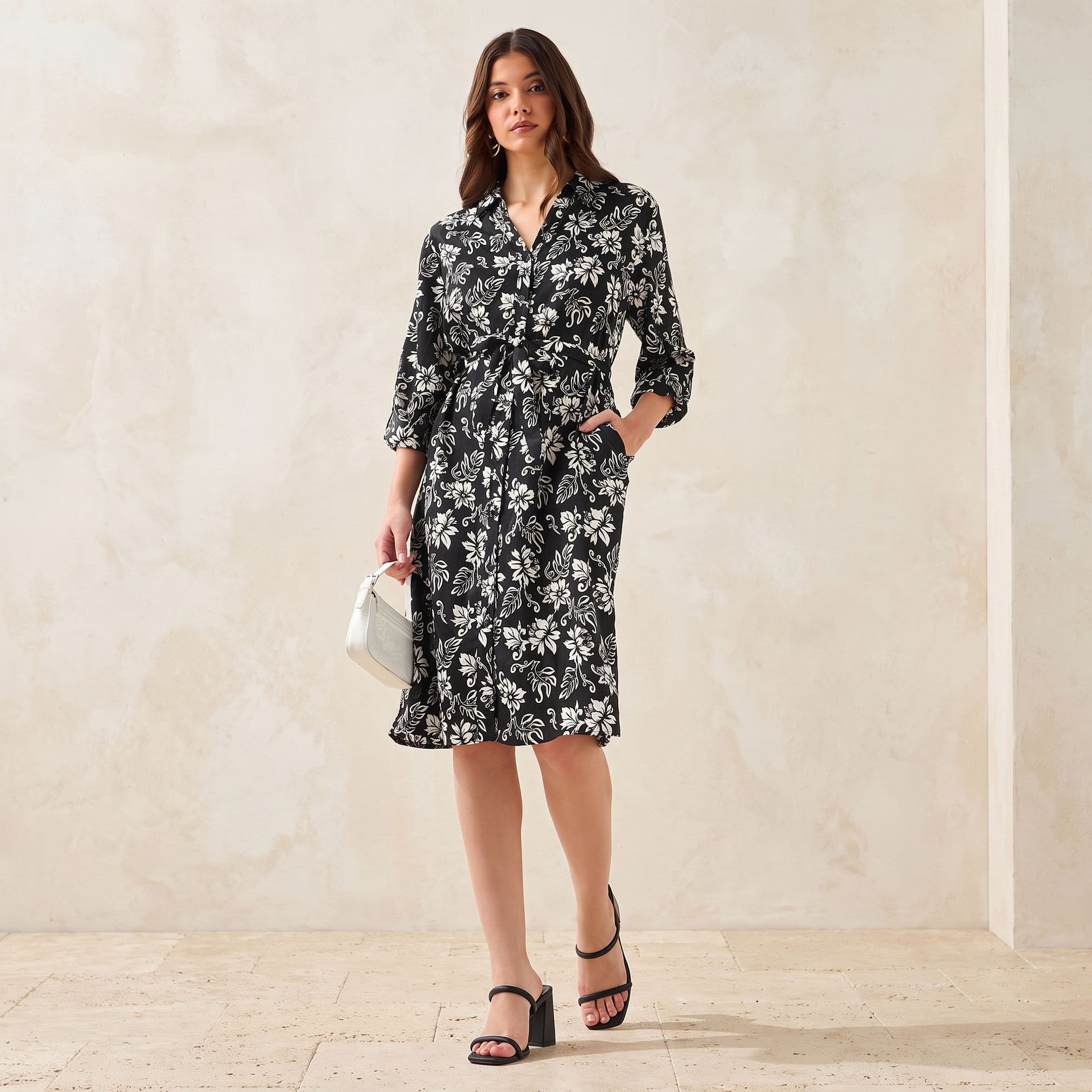 Knee Length Shirt Belted Printed Dress-women-clothing-dresses-image-1