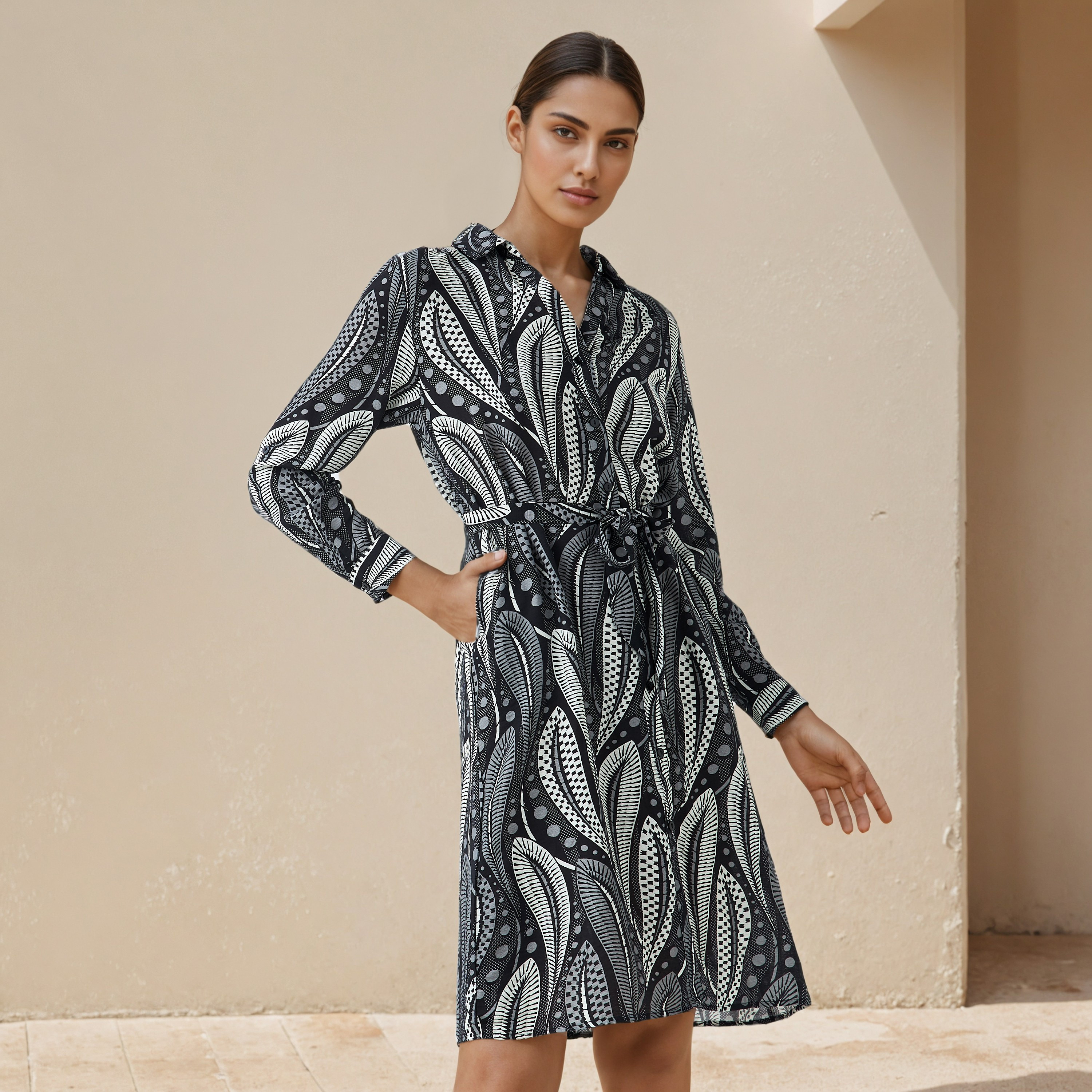 Printed Knee Length Shirt Belted Dress-women-clothing-dresses-image-1
