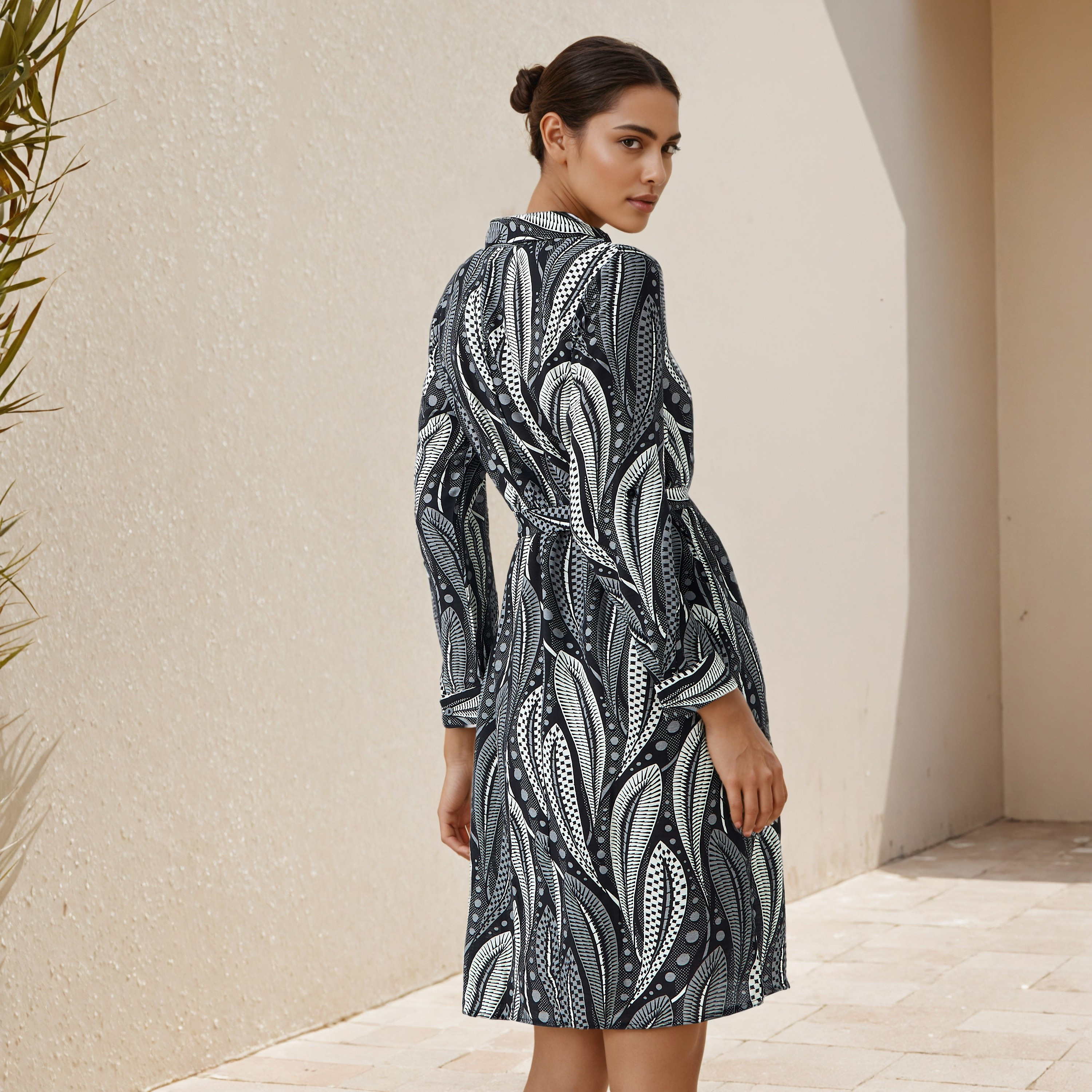 Printed Knee Length Shirt Belted Dress-women-clothing-dresses-image-3
