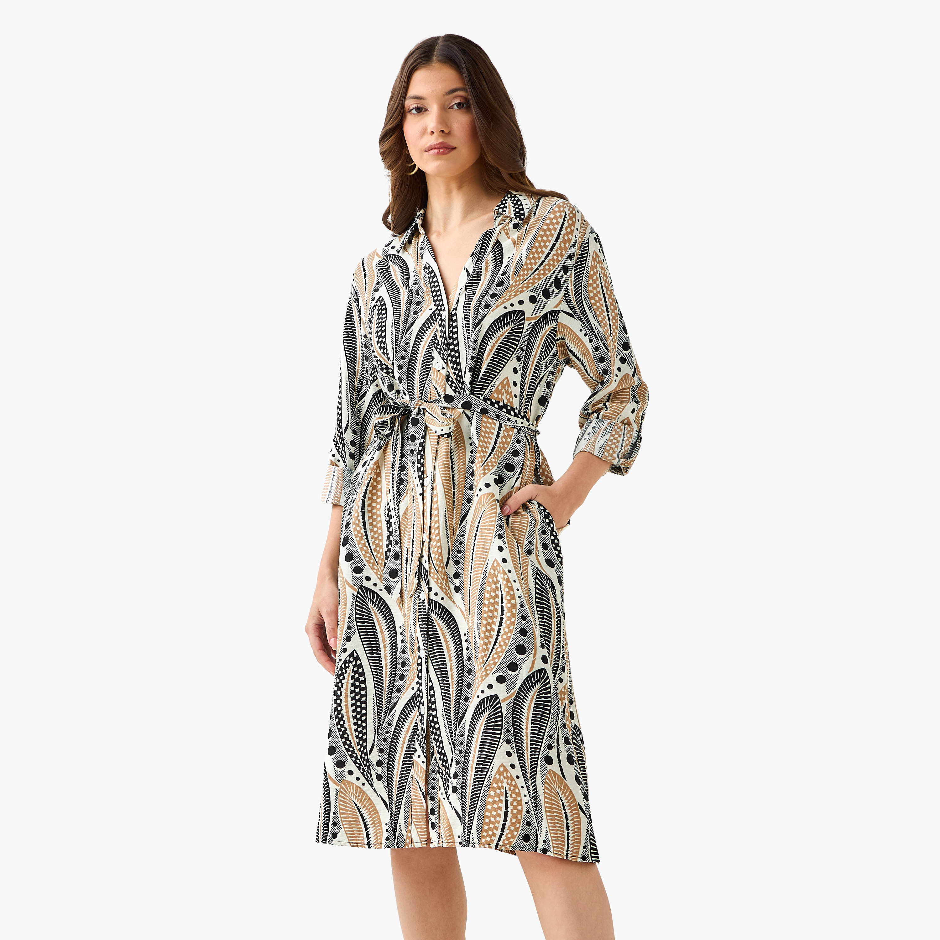 Printed Knee Length Shirt Belted Dress-women-clothing-dresses-image-1