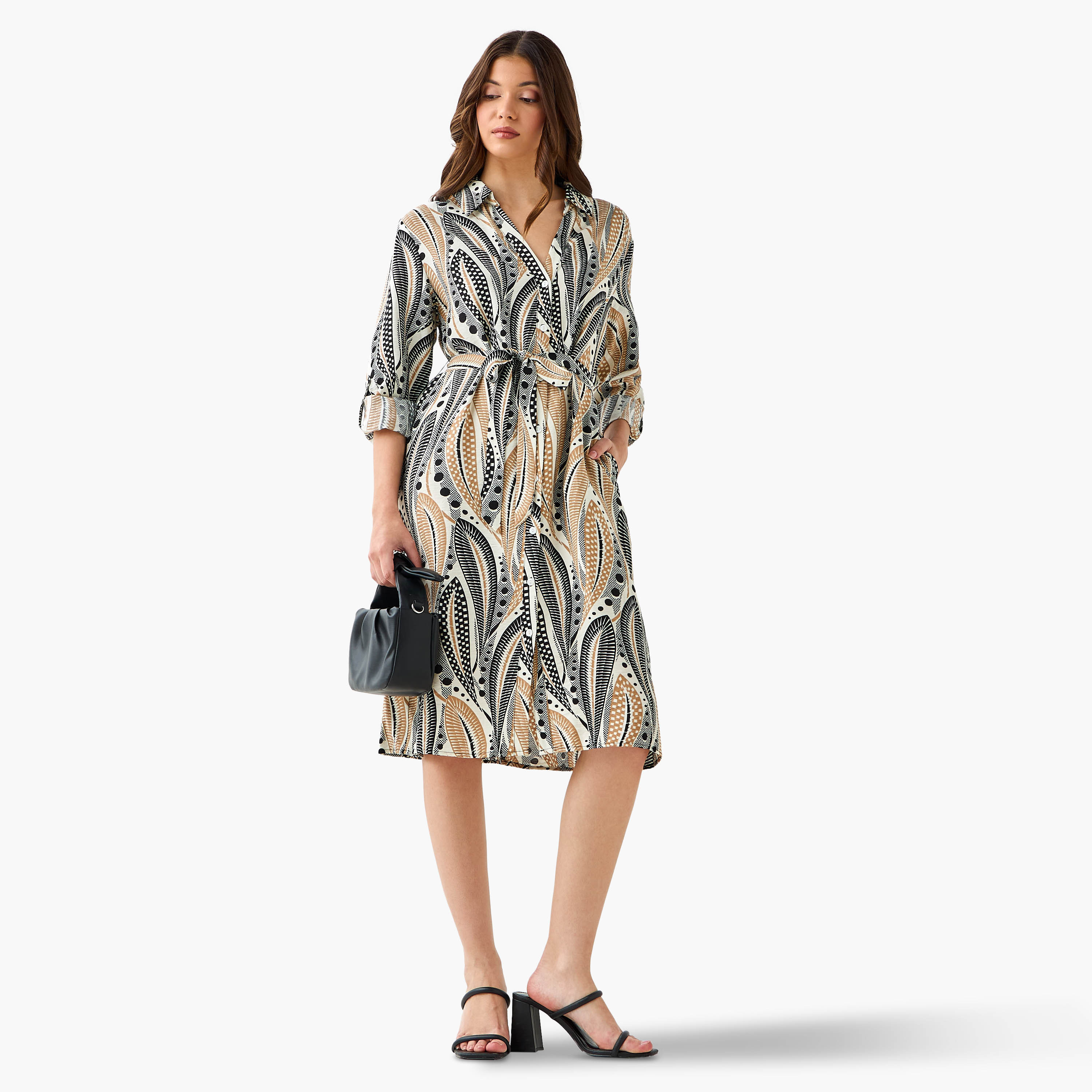 Printed Knee Length Shirt Belted Dress-women-clothing-dresses-image-2