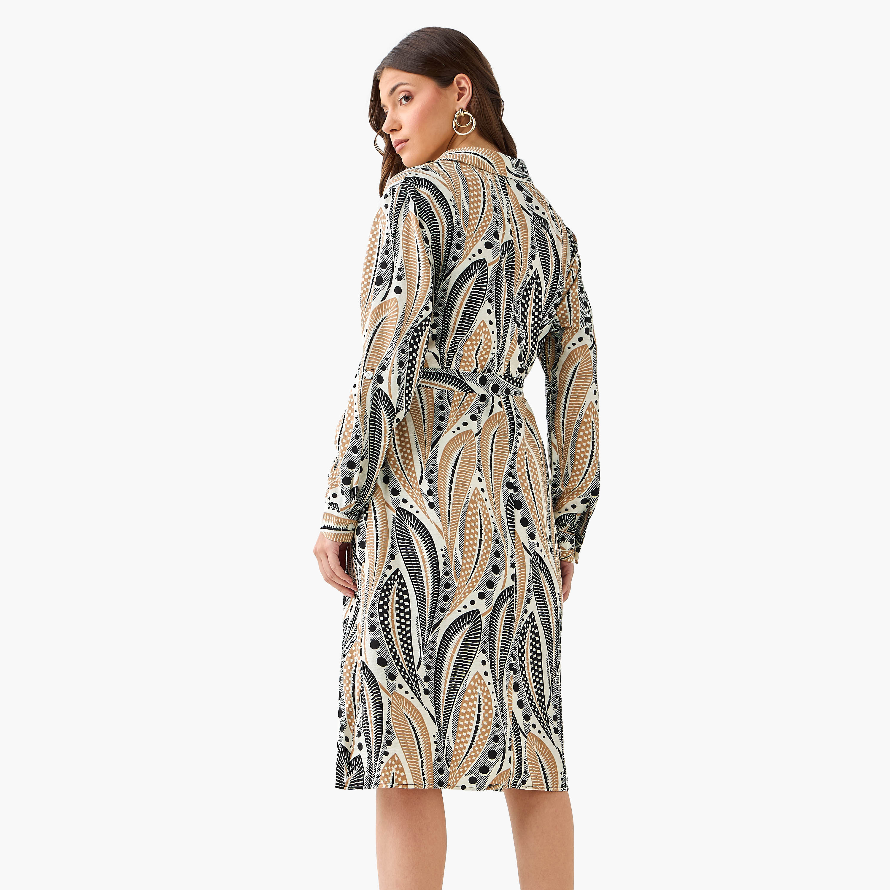 Printed Knee Length Shirt Belted Dress-women-clothing-dresses-image-3