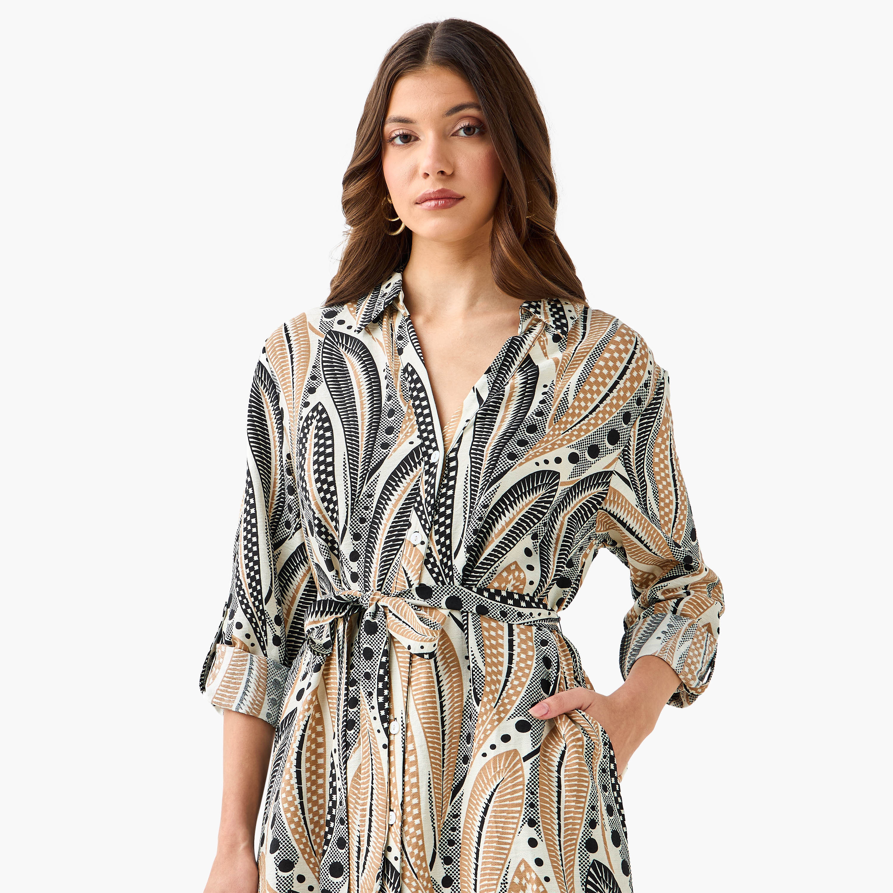 Printed Knee Length Shirt Belted Dress-women-clothing-dresses-image-4