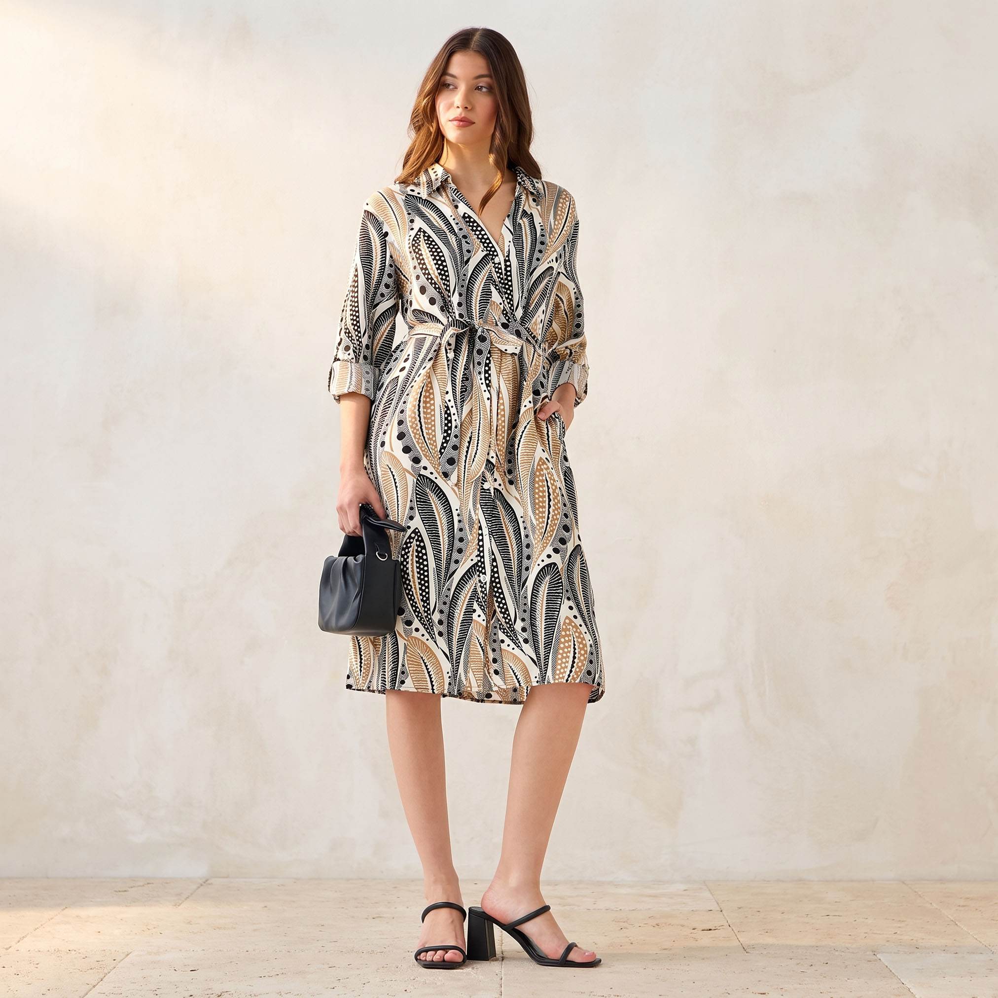 Printed Knee Length Shirt Belted Dress-women-clothing-dresses-image-1