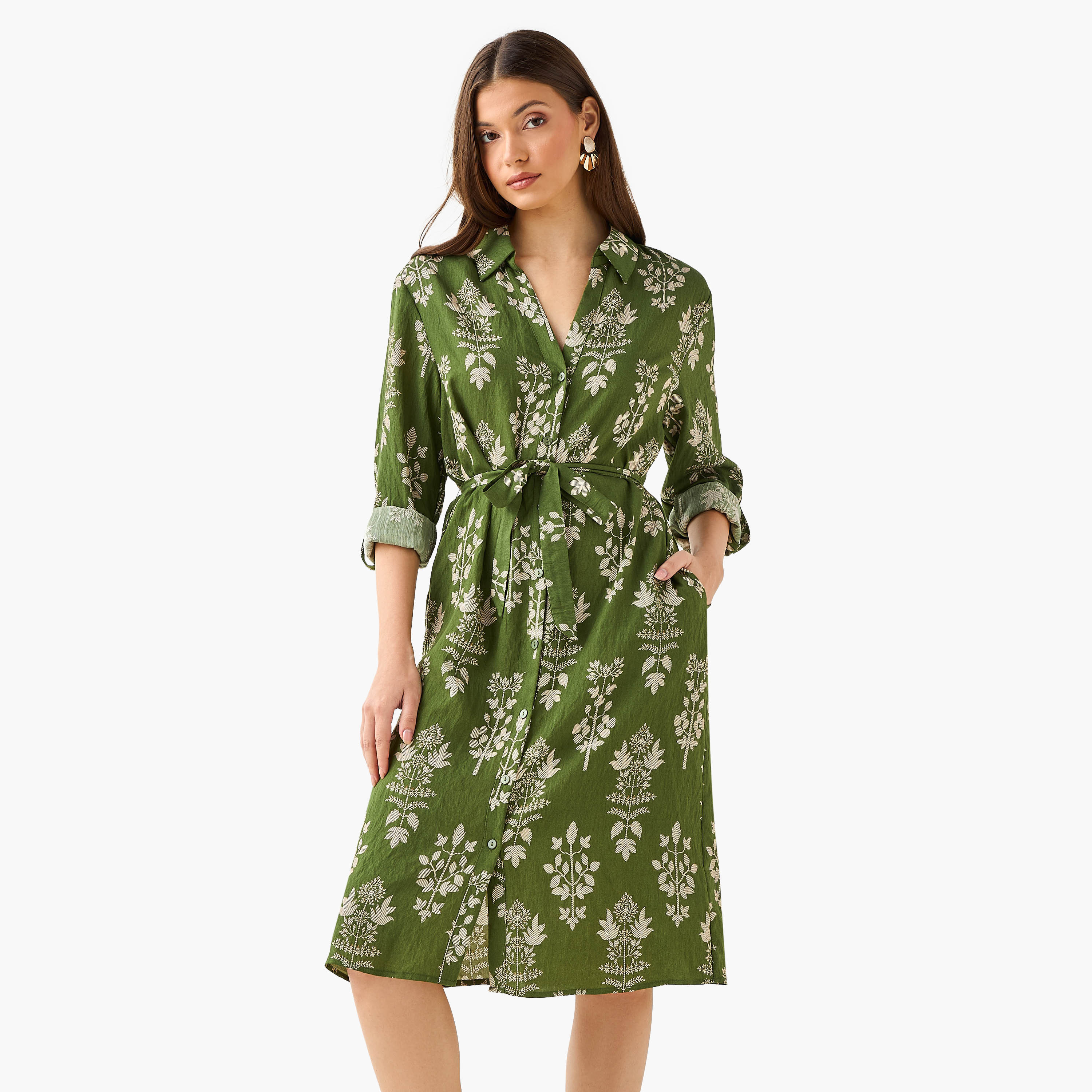 Knee Length Shirt Belted Dress with Floral Print-women-clothing-dresses-image-1