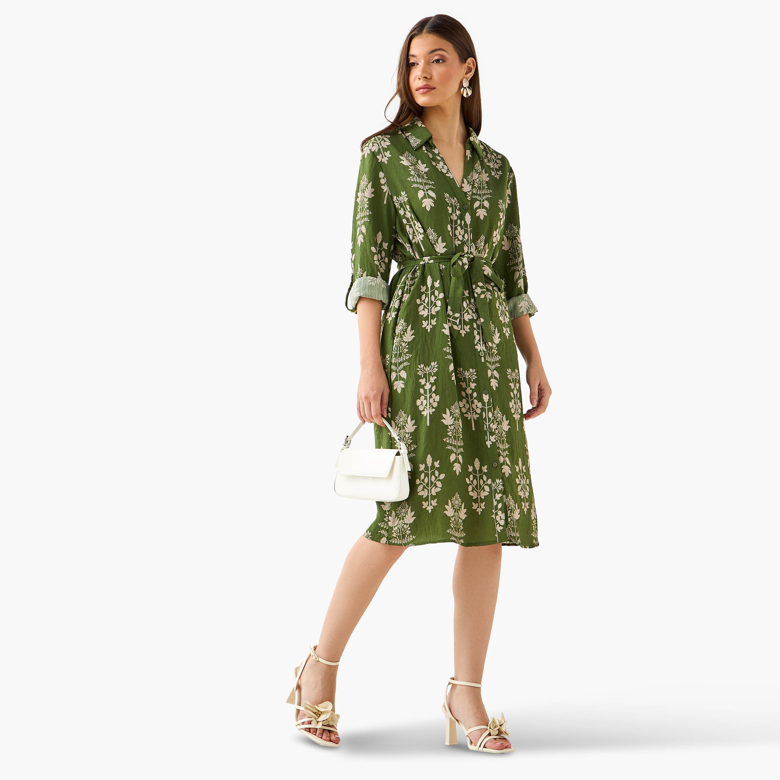 Knee Length Shirt Belted Dress with Floral Print-women-clothing-dresses-image-2