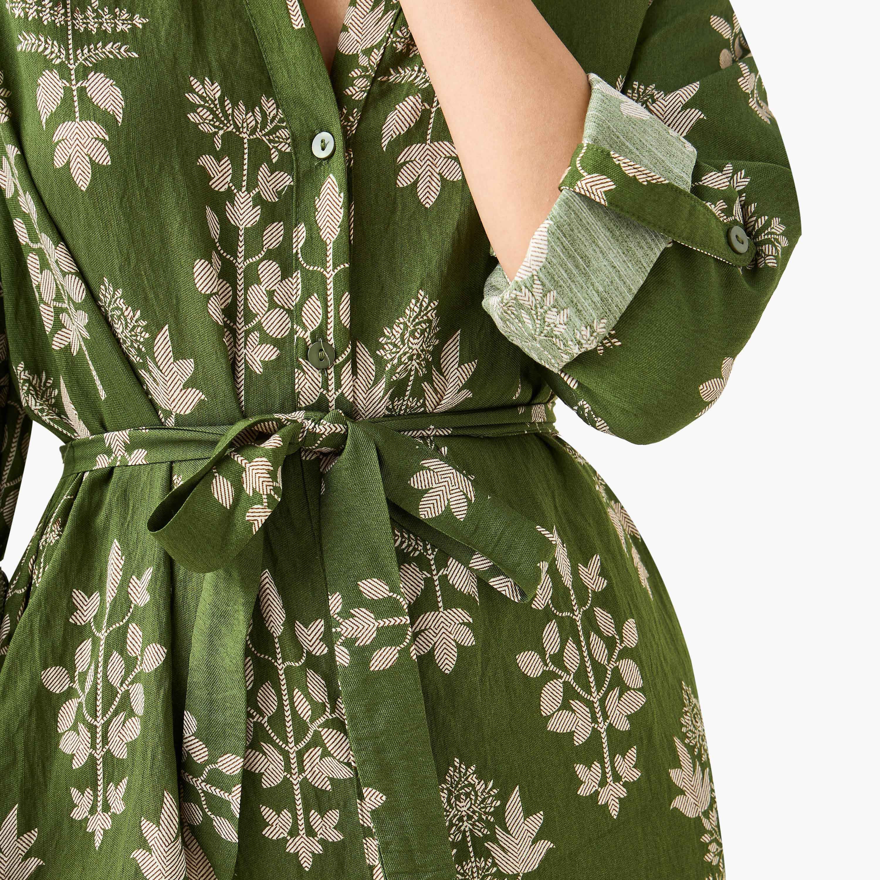 Knee Length Shirt Belted Dress with Floral Print-women-clothing-dresses-image-4