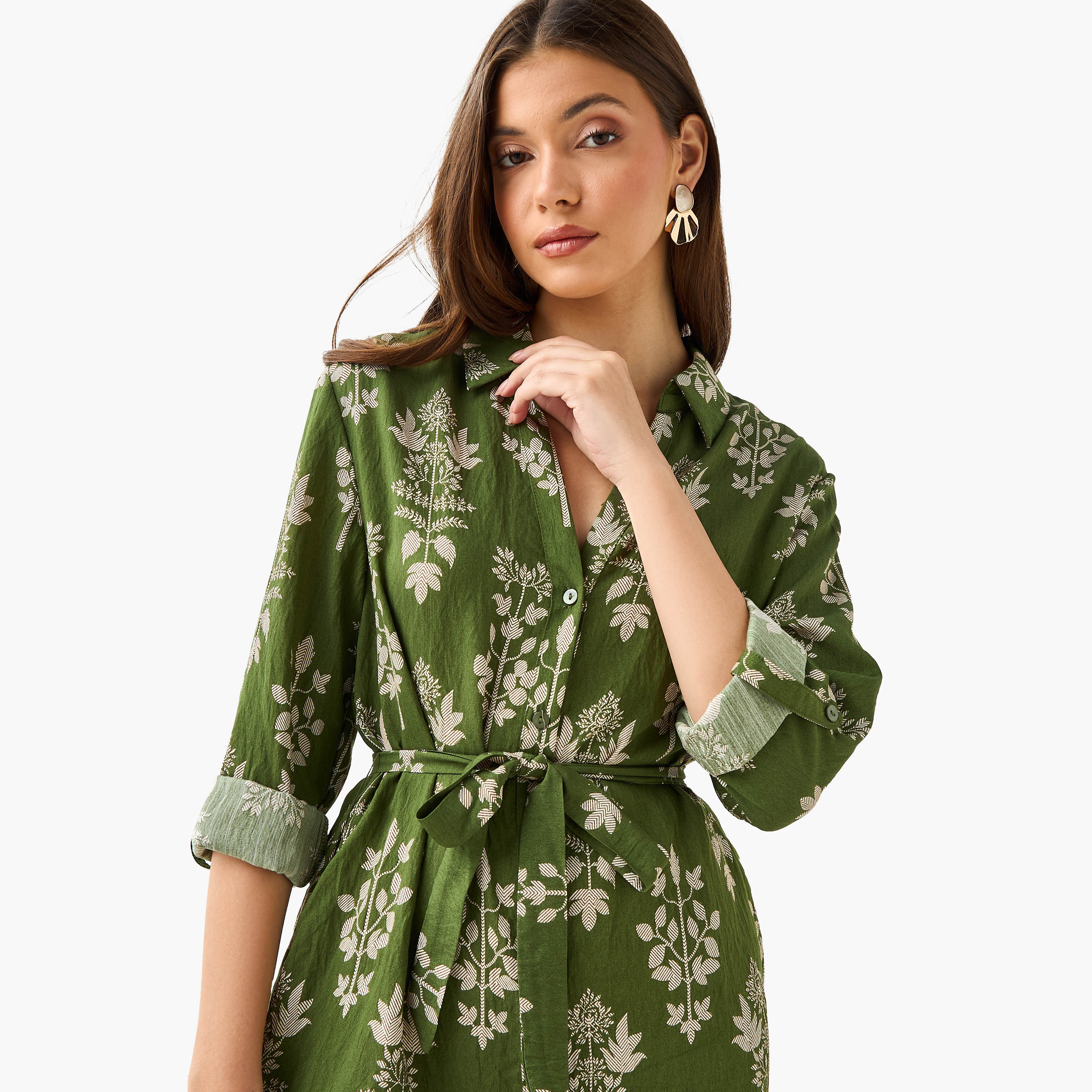Knee Length Shirt Belted Dress with Floral Print-women-clothing-dresses-image-5