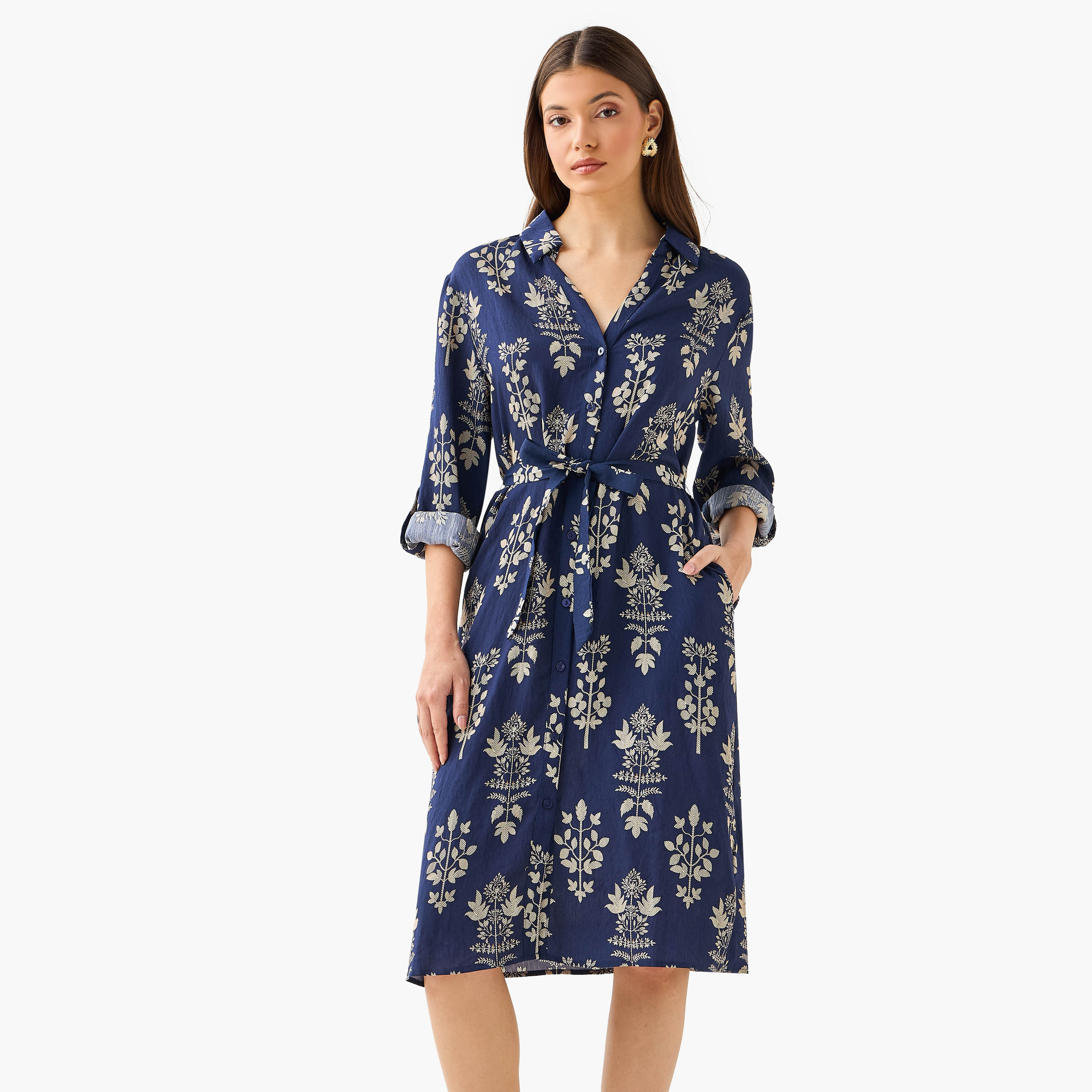 Knee Length Shirt Belted Dress with Floral Print-women-clothing-dresses-image-1
