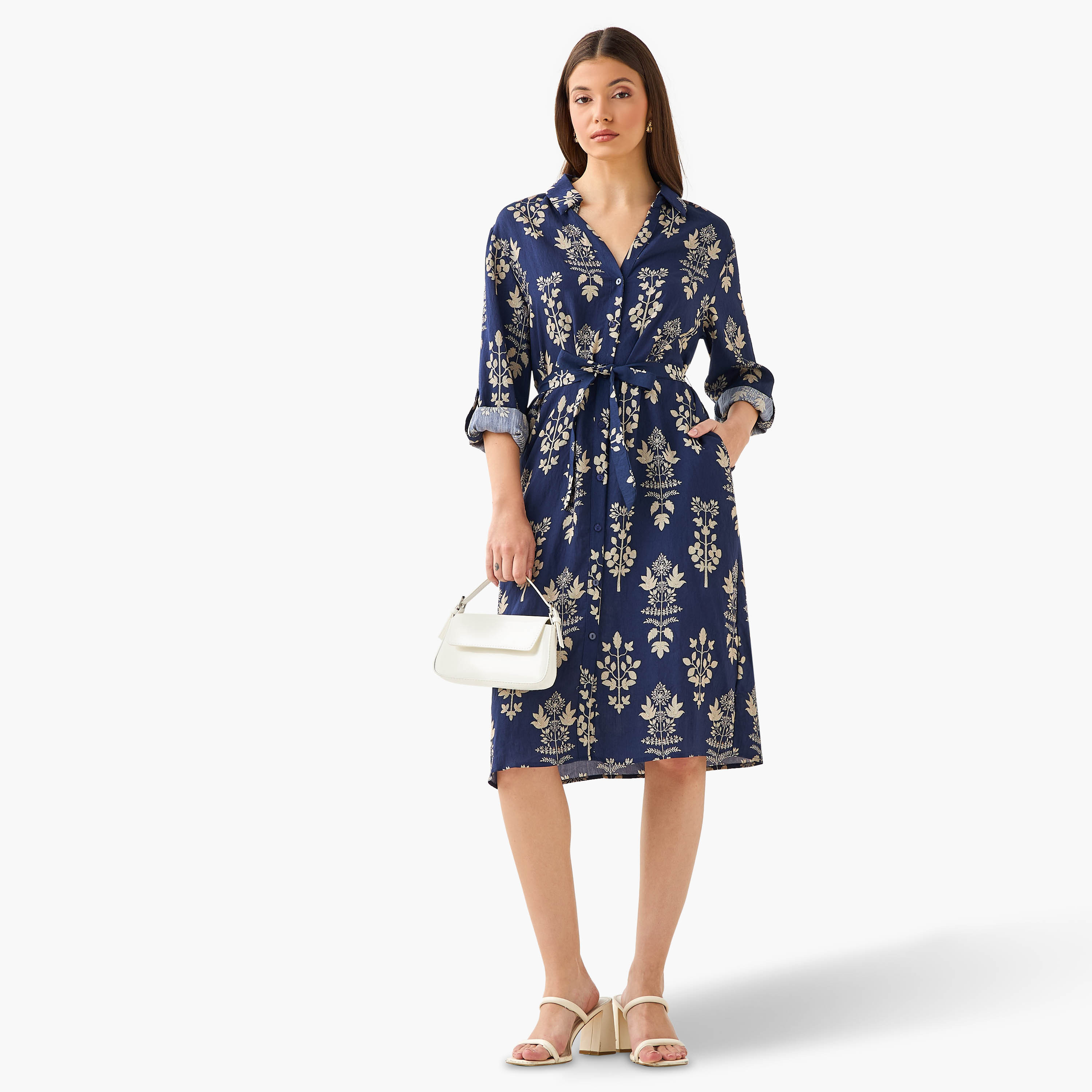 Knee Length Shirt Belted Dress with Floral Print-women-clothing-dresses-image-2
