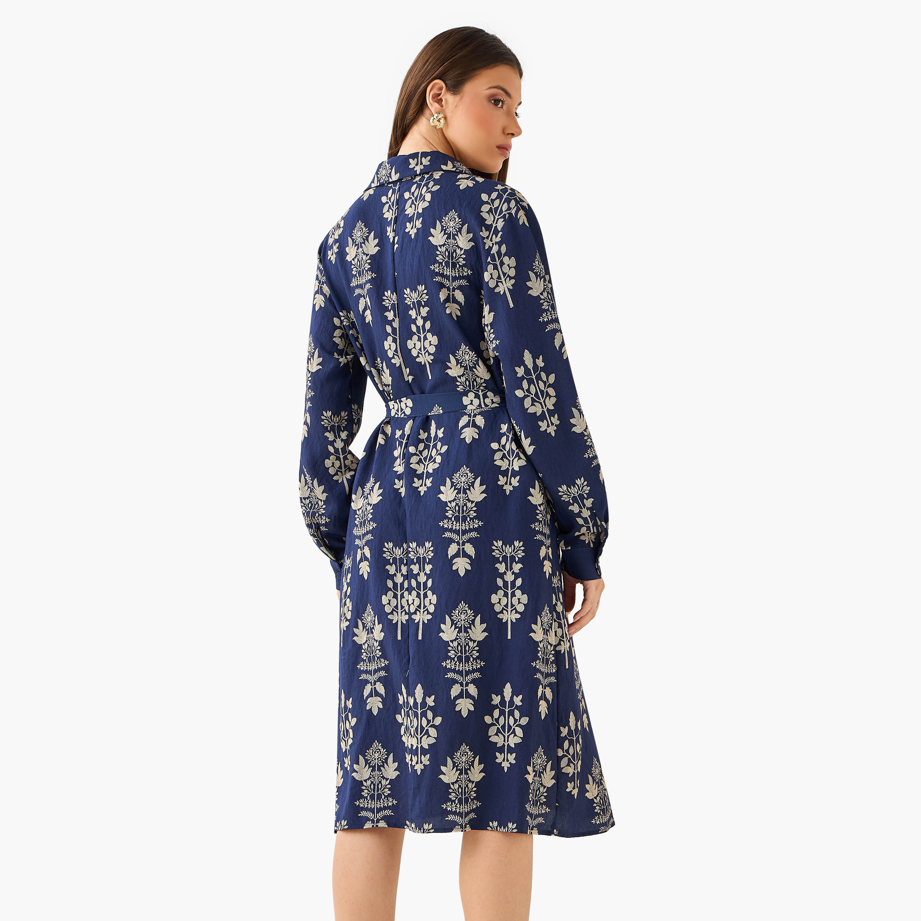Knee Length Shirt Belted Dress with Floral Print-women-clothing-dresses-image-3