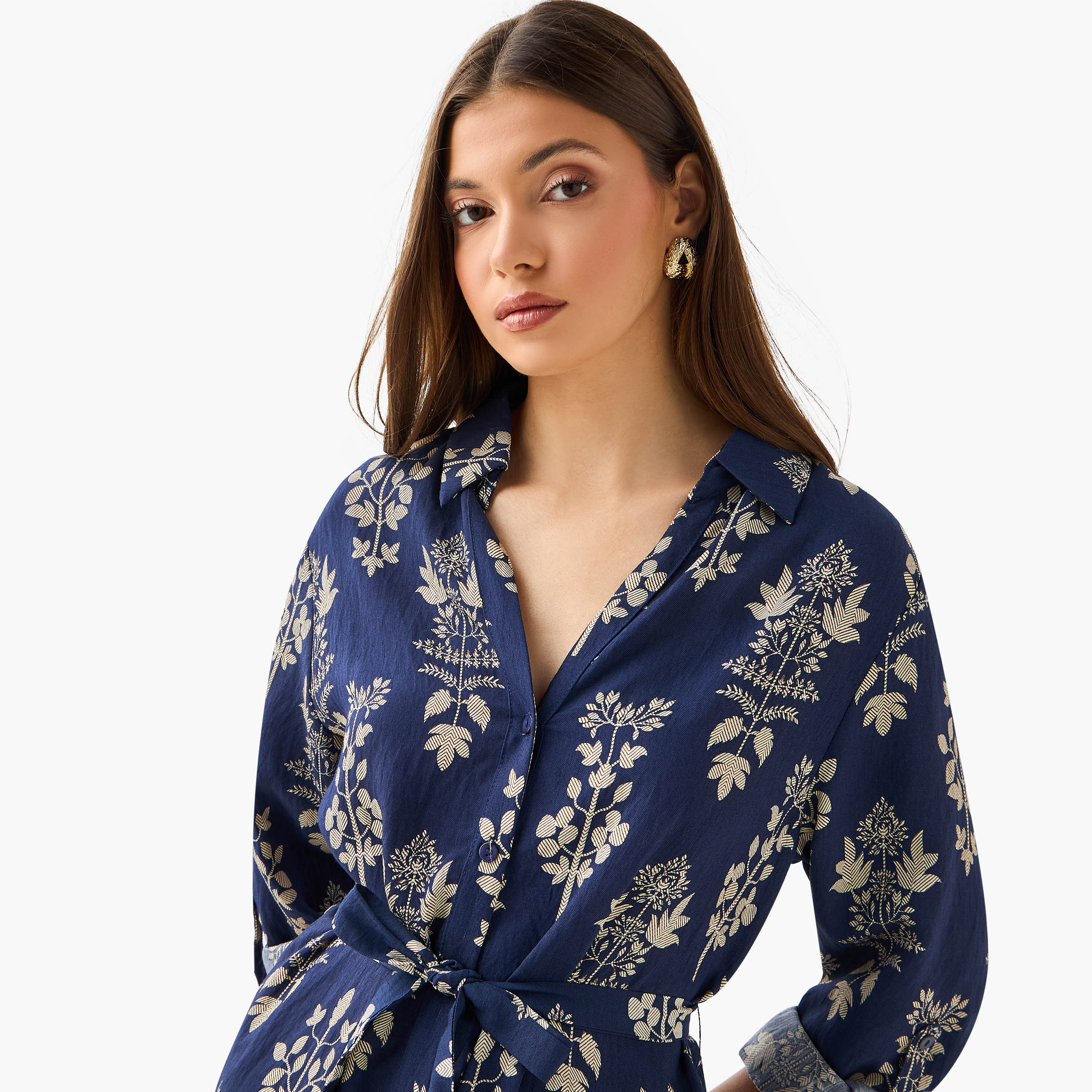 Knee Length Shirt Belted Dress with Floral Print-women-clothing-dresses-image-5