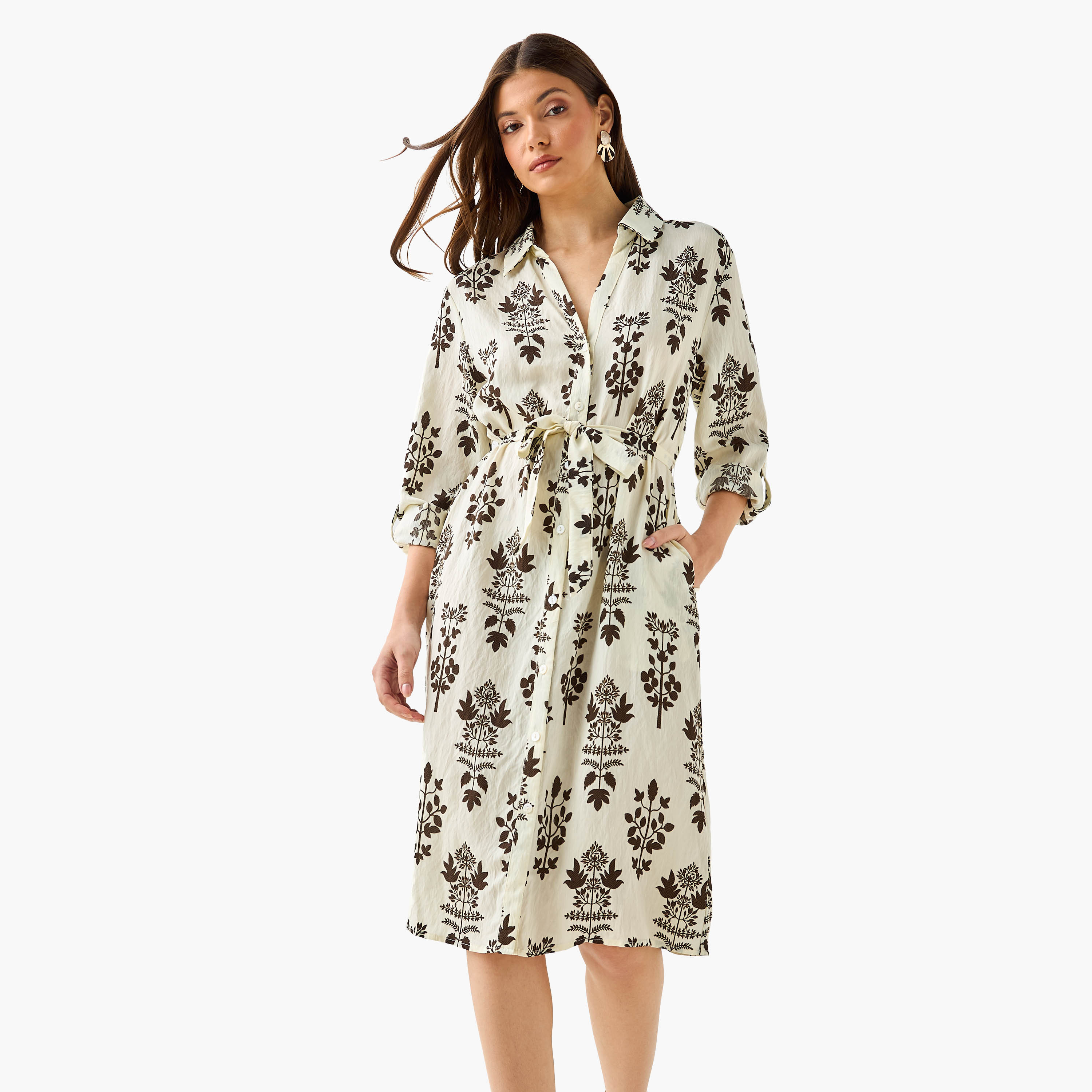 Knee Length Shirt Belted Dress with Floral Print-women-clothing-dresses-image-1